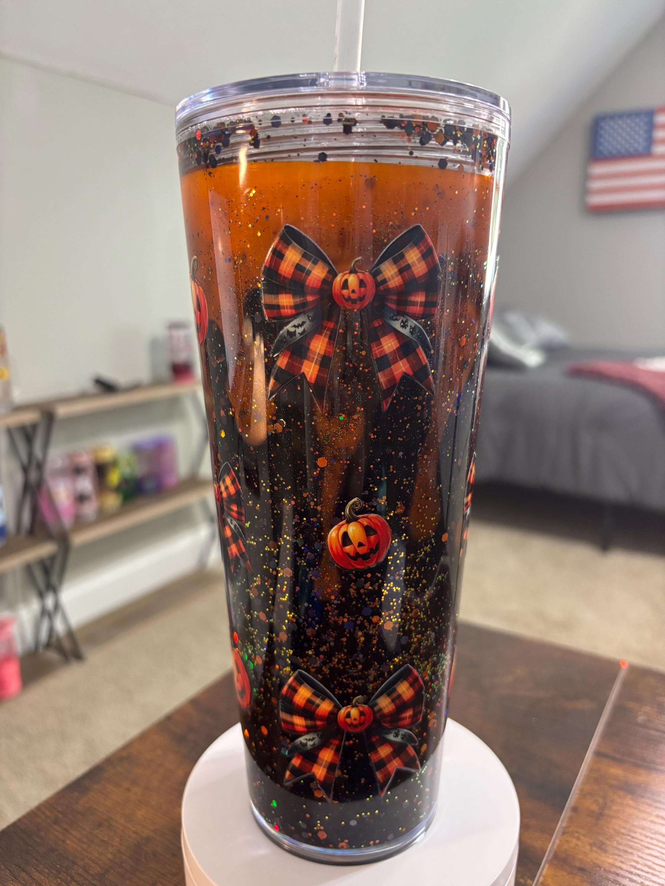 Pumpkins Halloween Snow Globe Tumbler | Handmade 24oz Acrylic Snowglobe Cup | Fall Gift