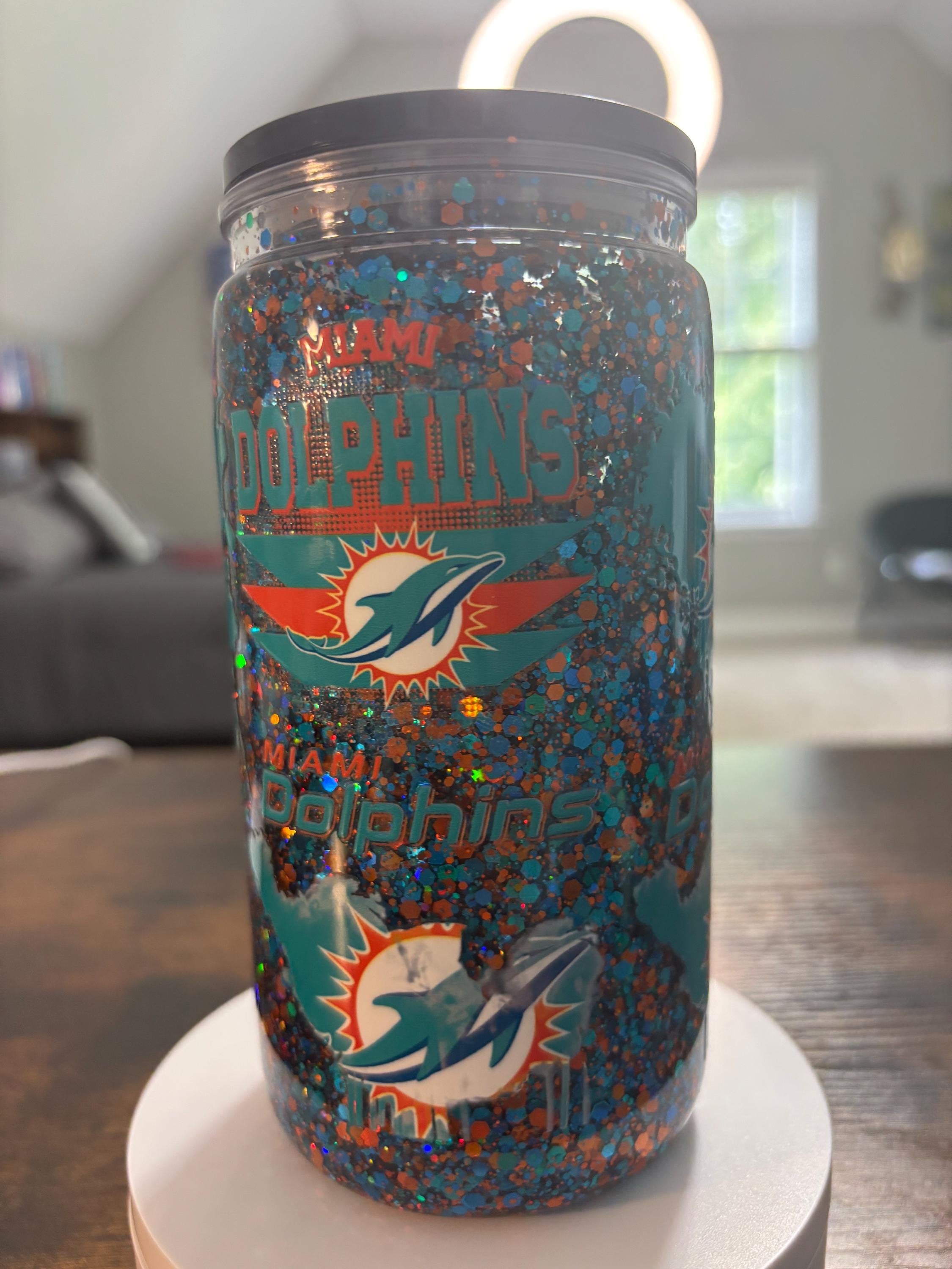Miami Dolphins Snow Globe Tumbler | Handmade 16oz Acrylic NFL Fan Cup | Football Gift
