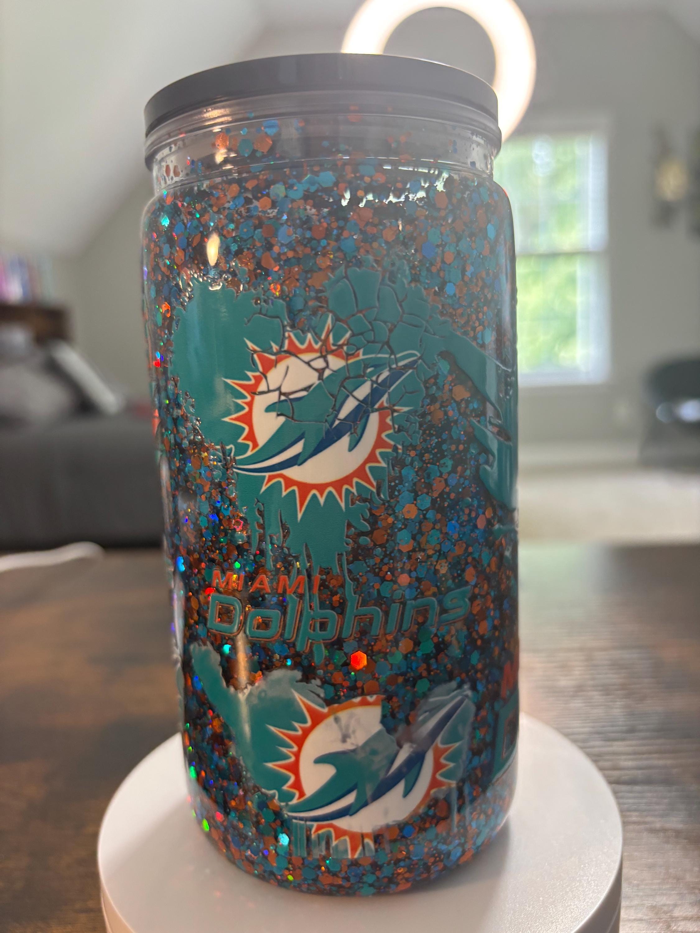 Miami Dolphins Snow Globe Tumbler | Handmade 16oz Acrylic NFL Fan Cup | Football Gift