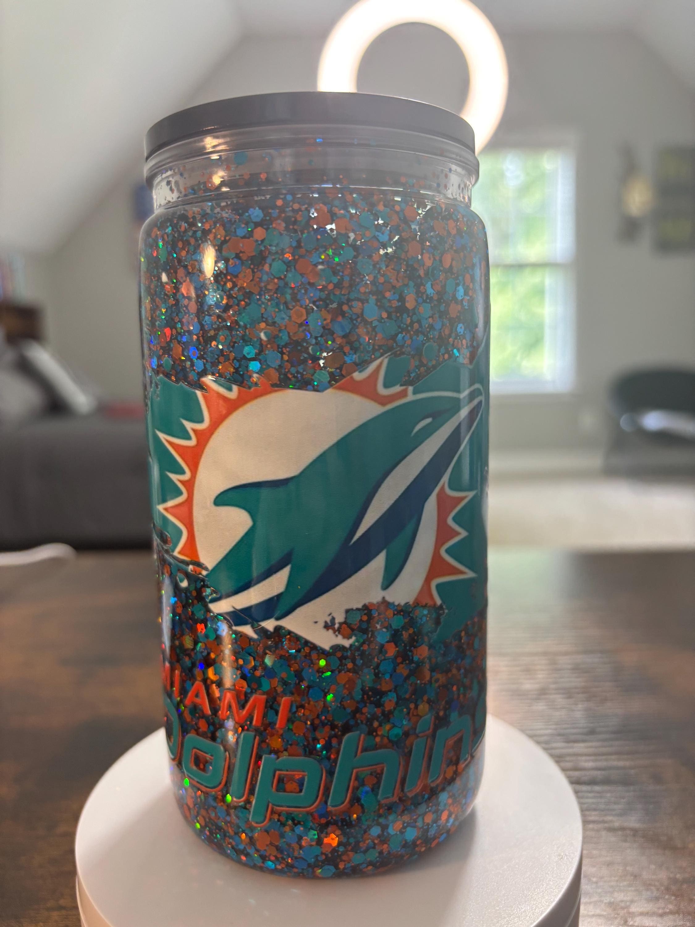 Miami Dolphins Snow Globe Tumbler | Handmade 16oz Acrylic NFL Fan Cup | Football Gift