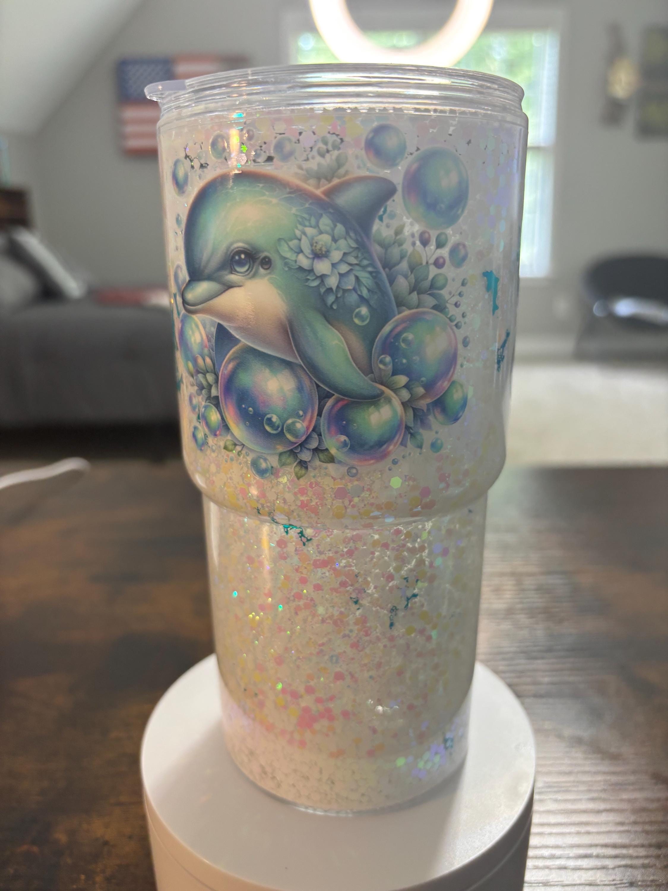 Dolphin 20oz Snow Globe Tumbler | White Glitter Ocean Cup | Beach Lover Gift