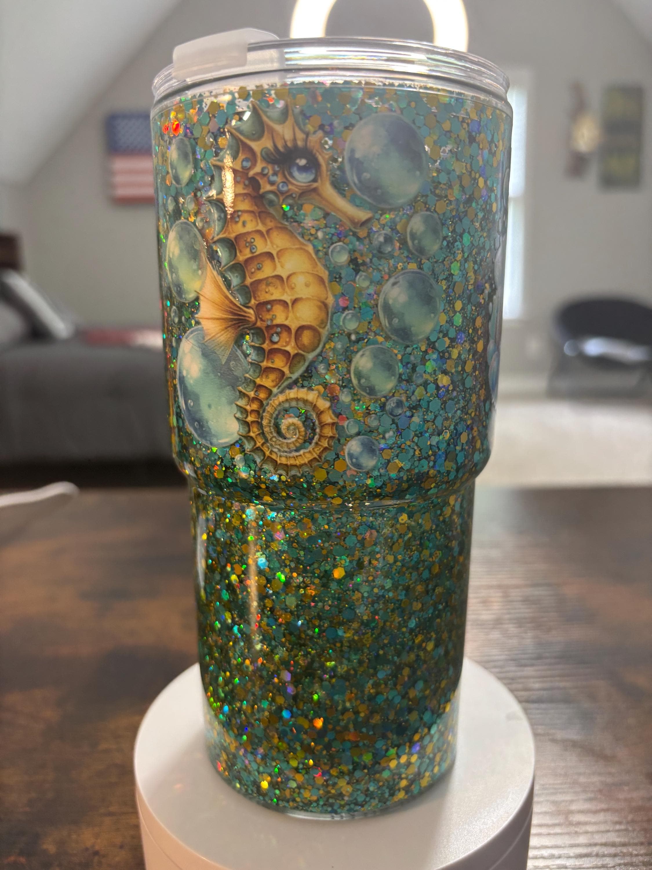 Seahorse Snow Globe Tumbler | 20oz Beveled Handmade Ocean Beach Cup | Coastal Gift