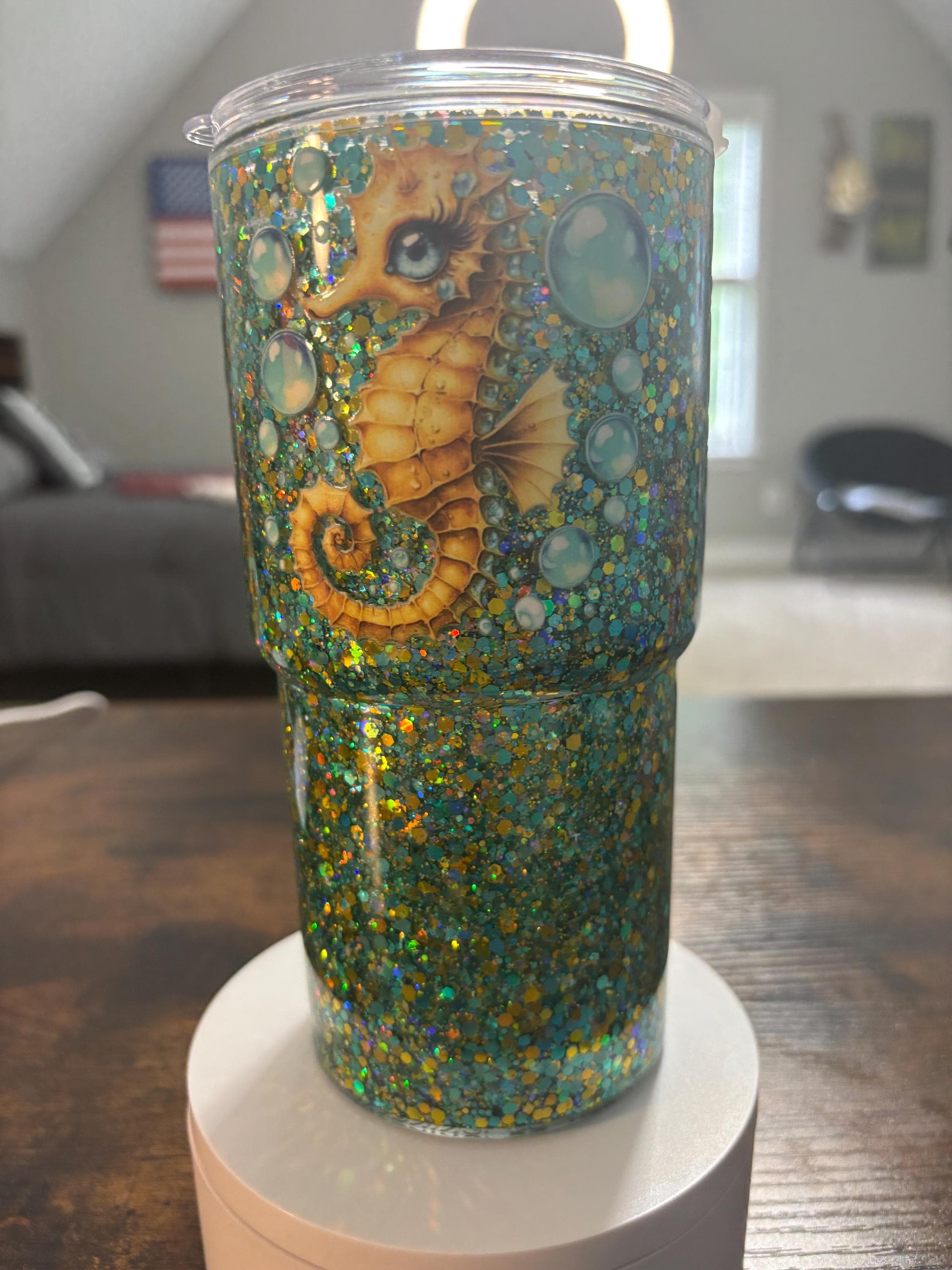 Seahorse Snow Globe Tumbler | 20oz Beveled Handmade Ocean Beach Cup | Coastal Gift