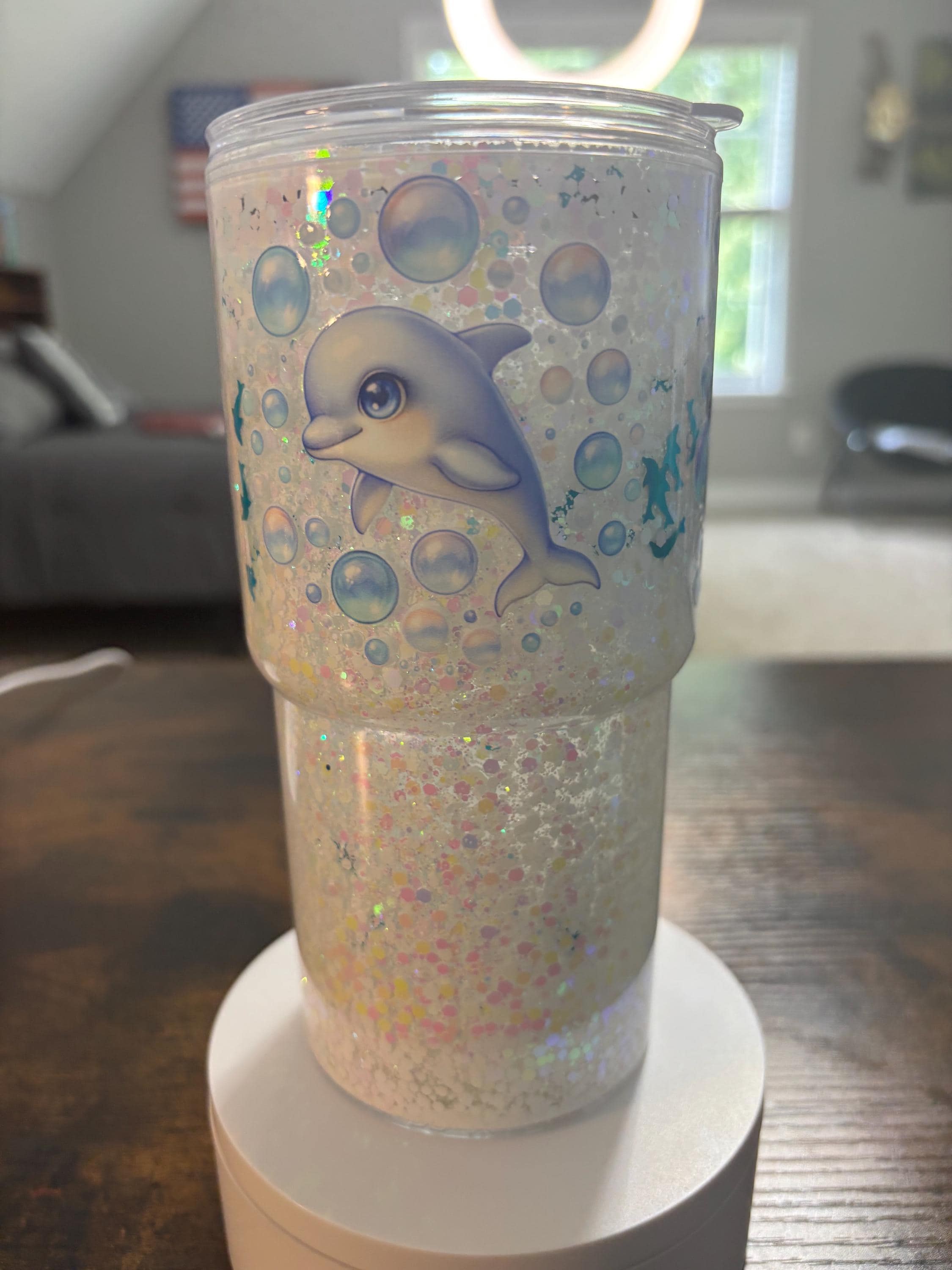 Dolphins Beveled Snow Globe Tumbler | 20oz Handmade Ocean Beach Cup | Coastal Gift