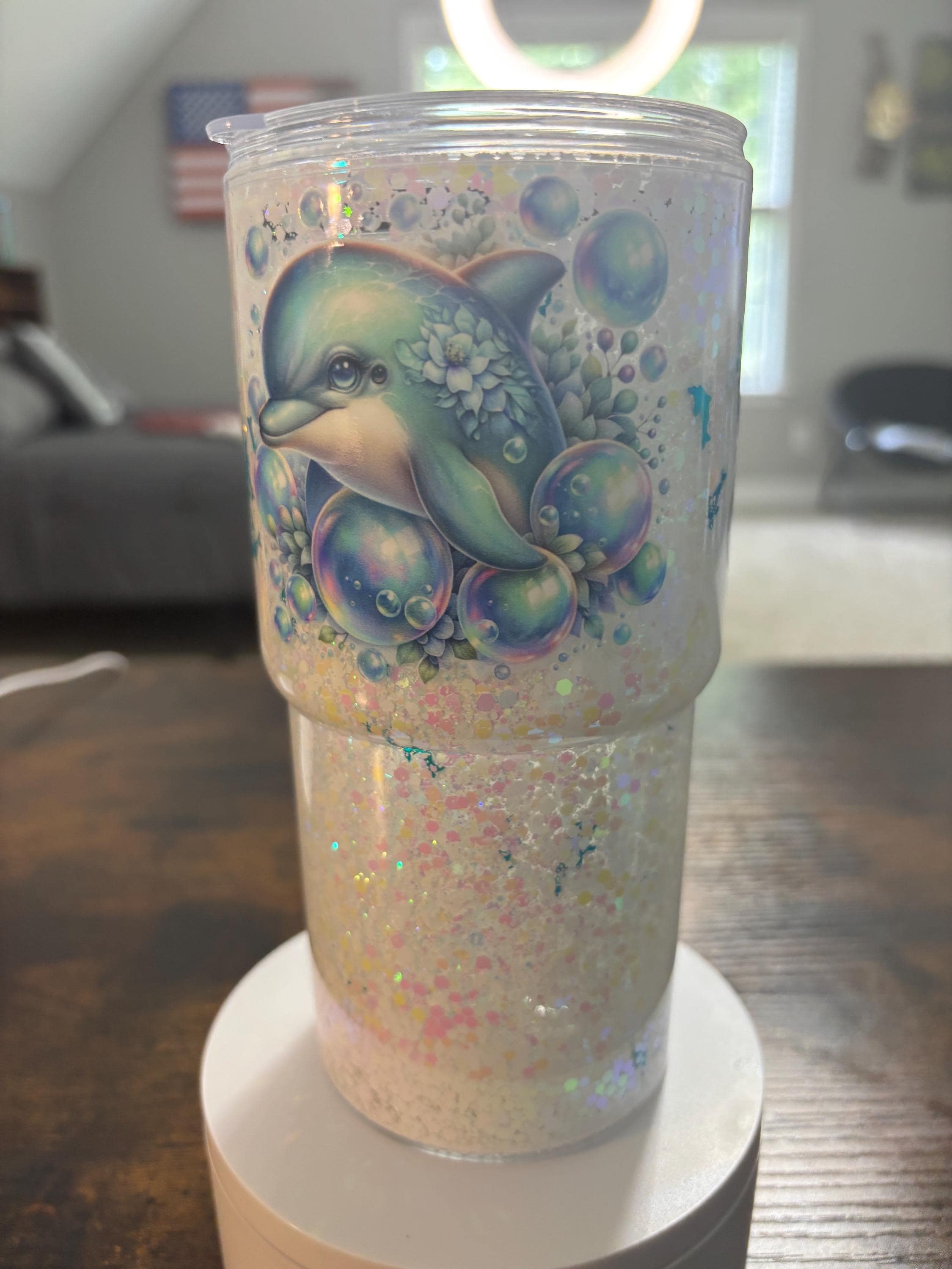 Dolphins Beveled Snow Globe Tumbler | 20oz Handmade Ocean Beach Cup | Coastal Gift
