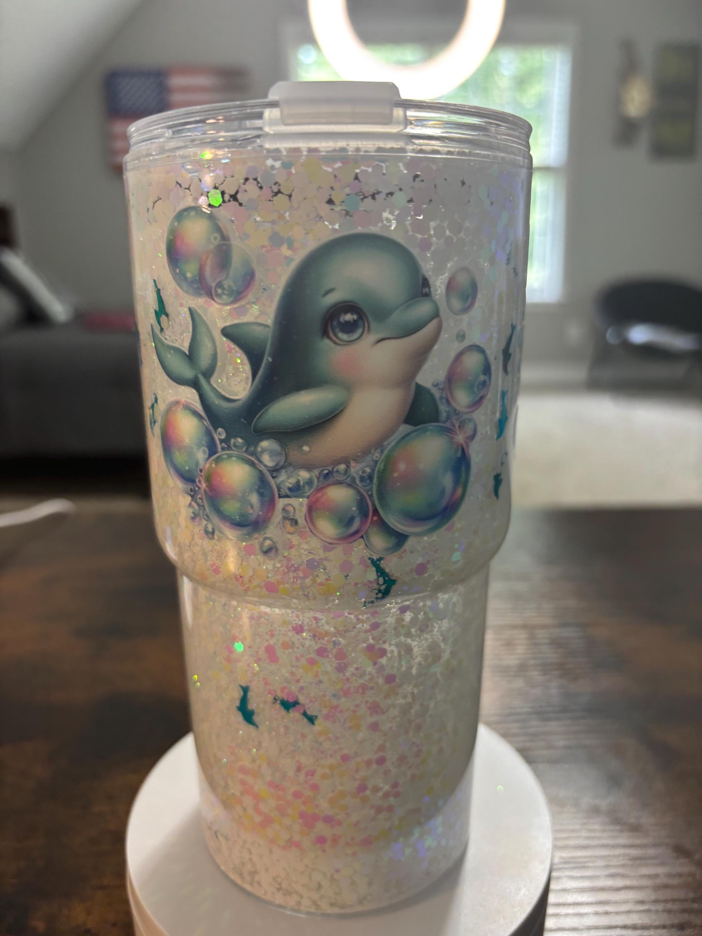 Dolphins Beveled Snow Globe Tumbler | 20oz Handmade Ocean Beach Cup | Coastal Gift
