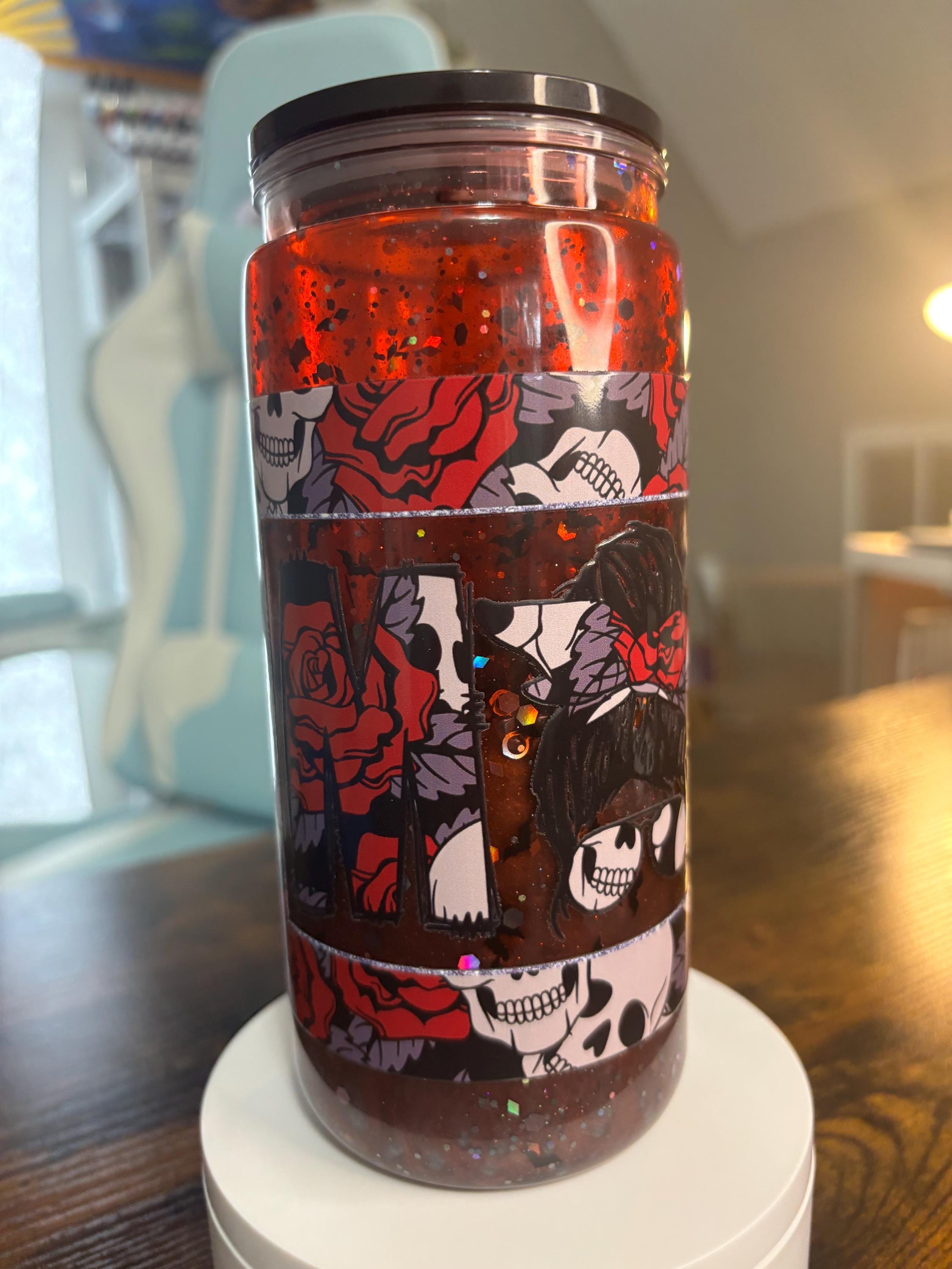 Skull Mom Snow Globe Tumbler | 20oz Goth Shaker Cup