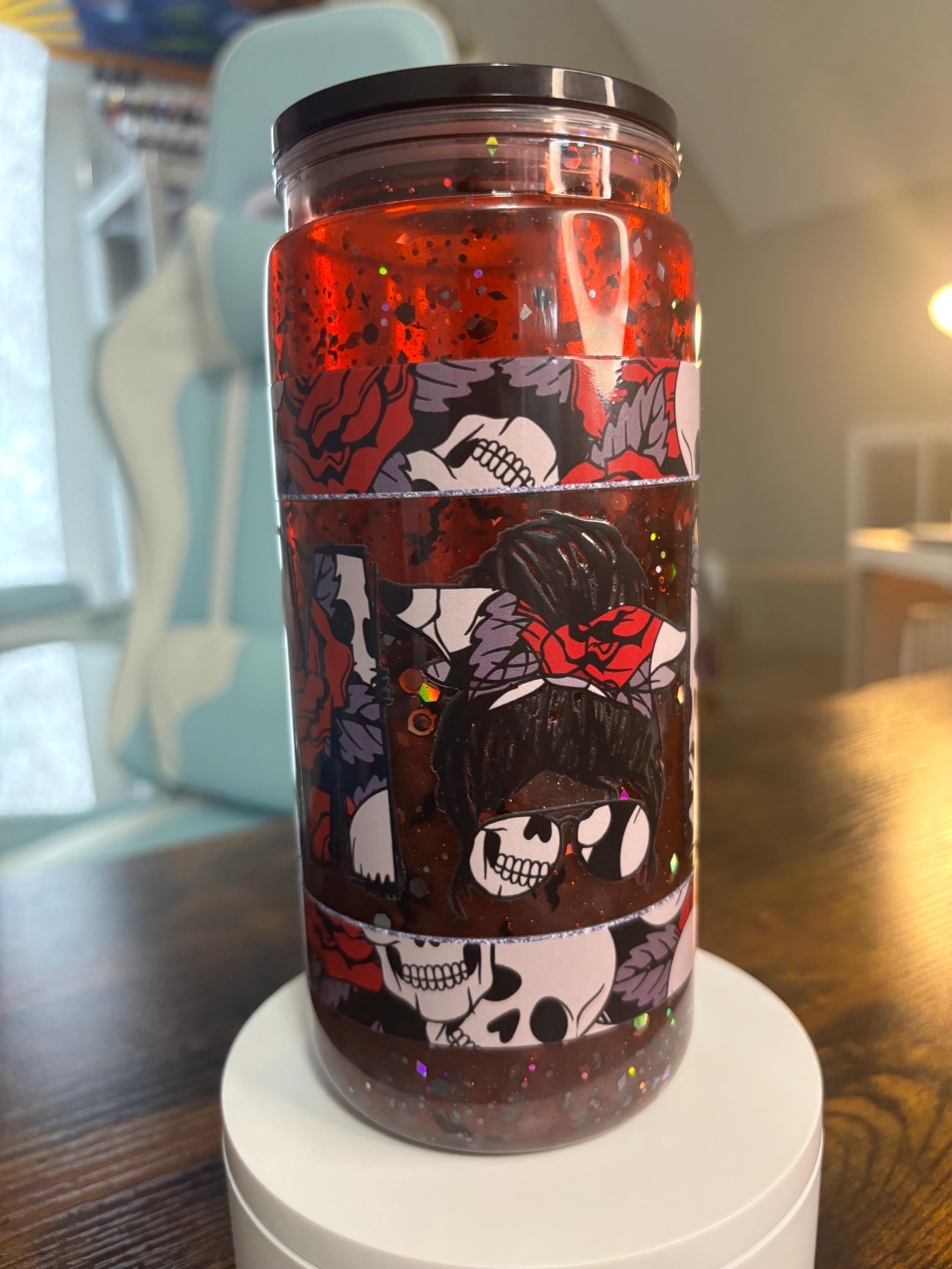 Skull Mom Snow Globe Tumbler | 20oz Goth Shaker Cup