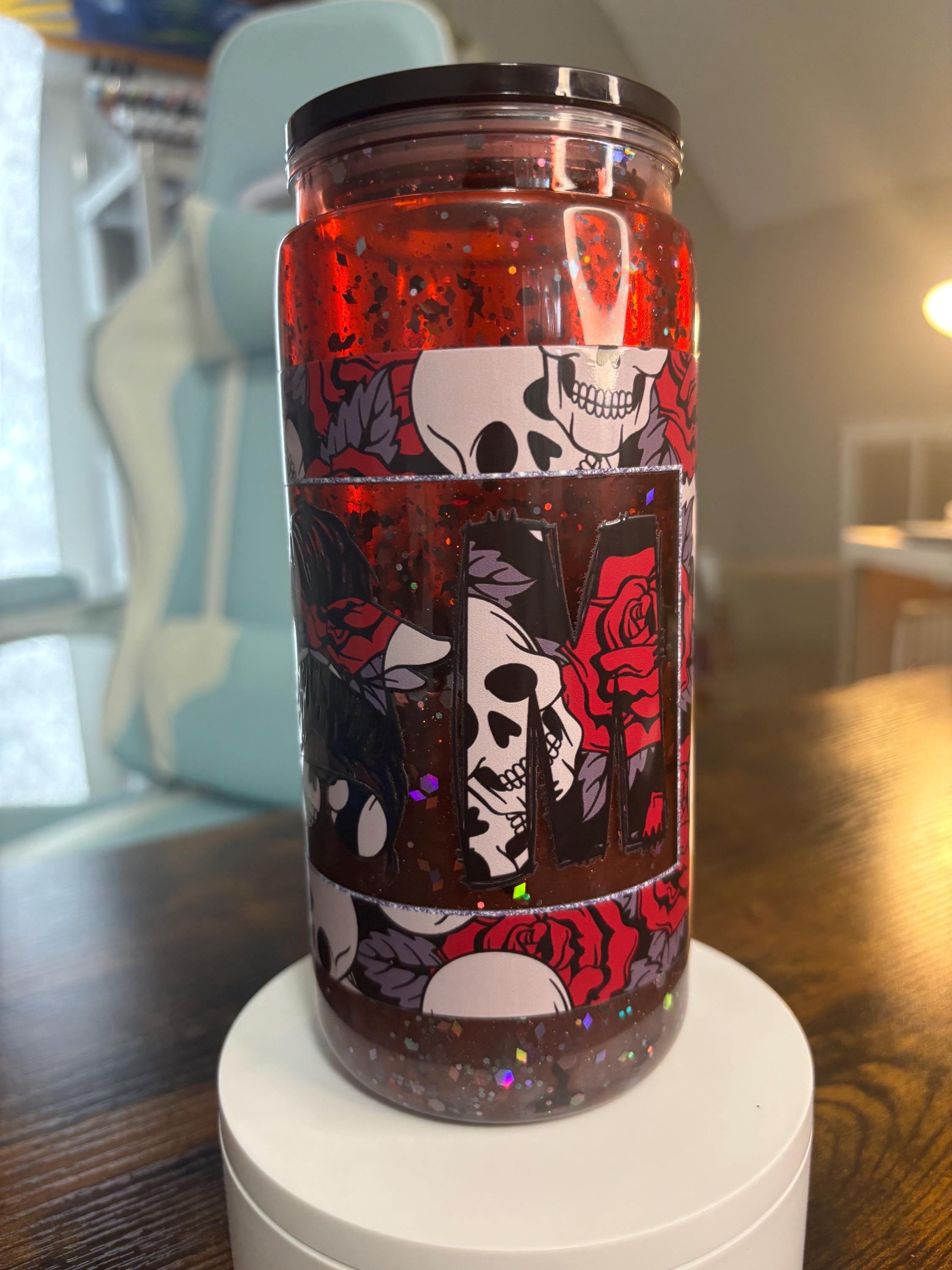 Skull Mom Snow Globe Tumbler | 20oz Goth Shaker Cup