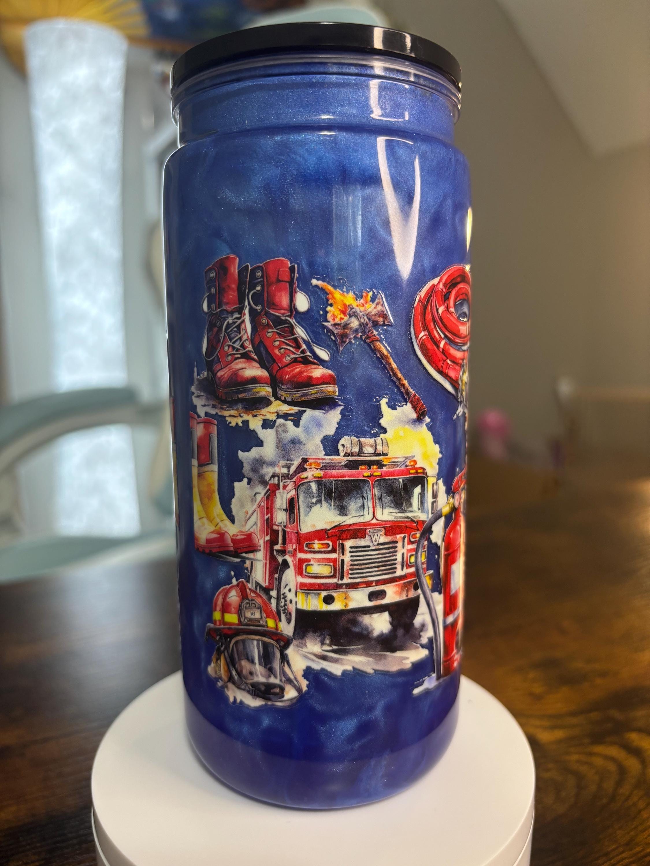Firefighter Life 20oz Snow Globe Tumbler | Blue Mica Cateye Cup | Firefighter Gift