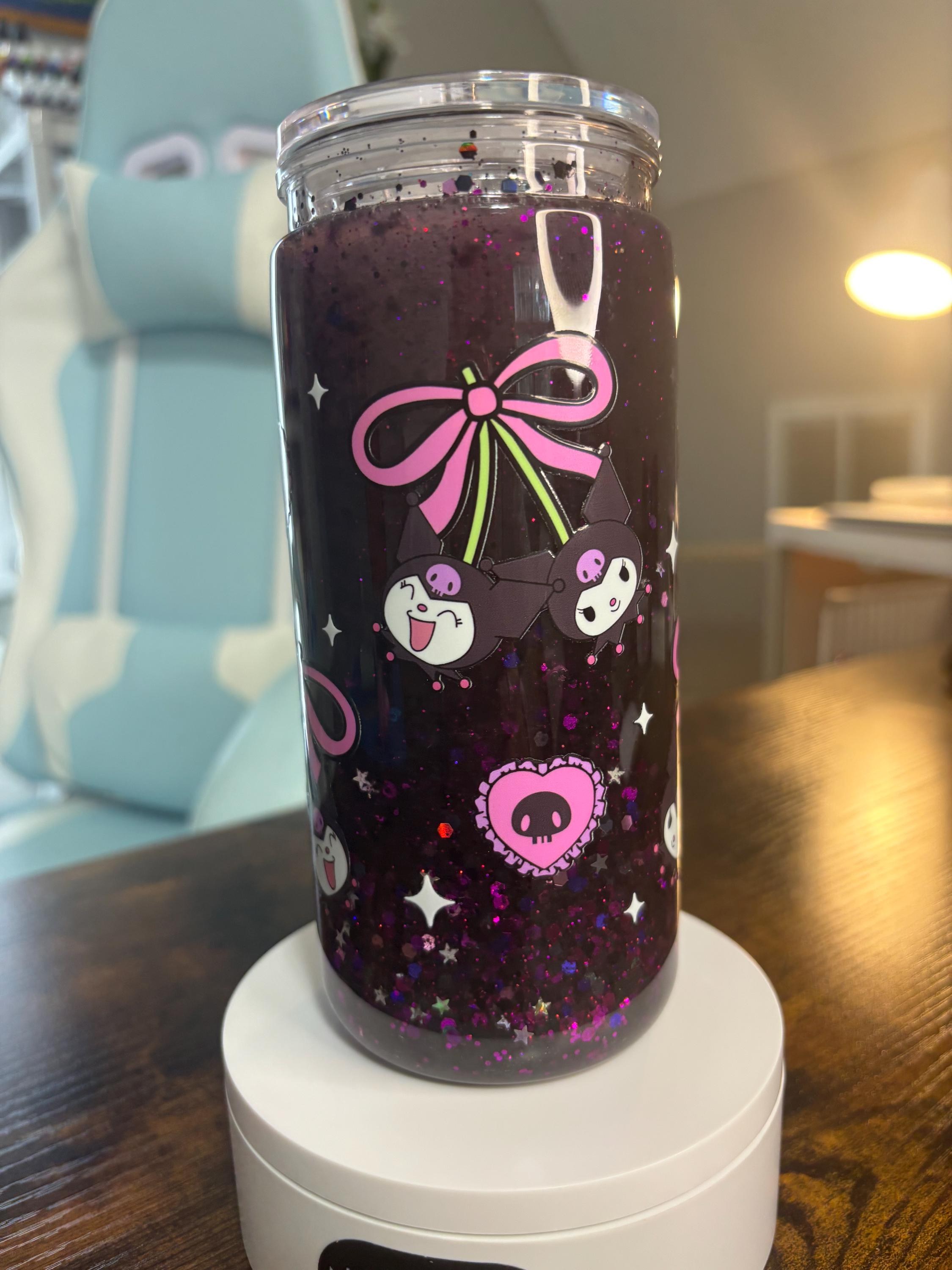 Kuromi and Hello Kitty Snow Globe Tumbler | 20oz Handmade Kawaii Fan Cup | Cute Gift