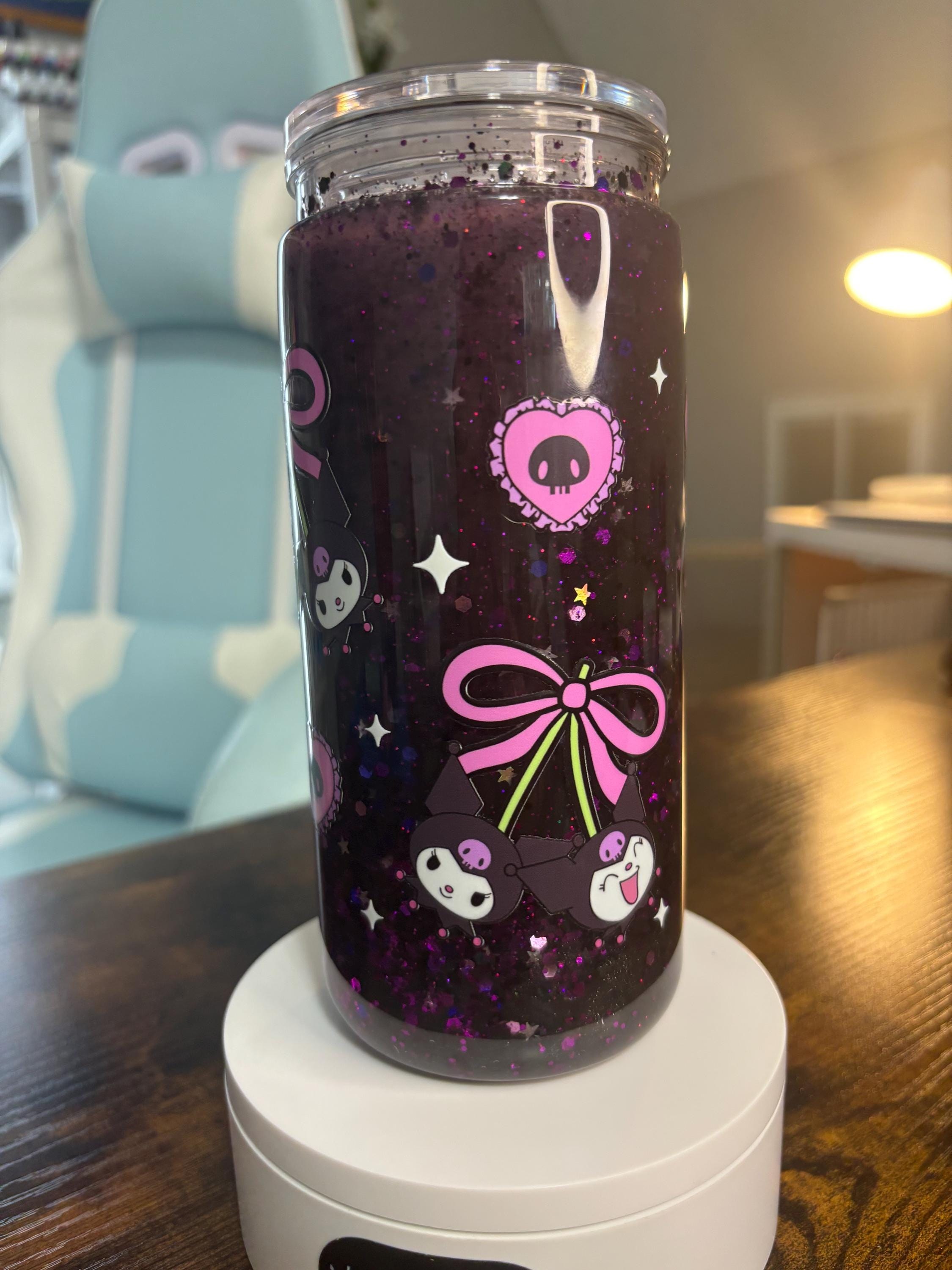 Kuromi and Hello Kitty Snow Globe Tumbler | 20oz Handmade Kawaii Fan Cup | Cute Gift