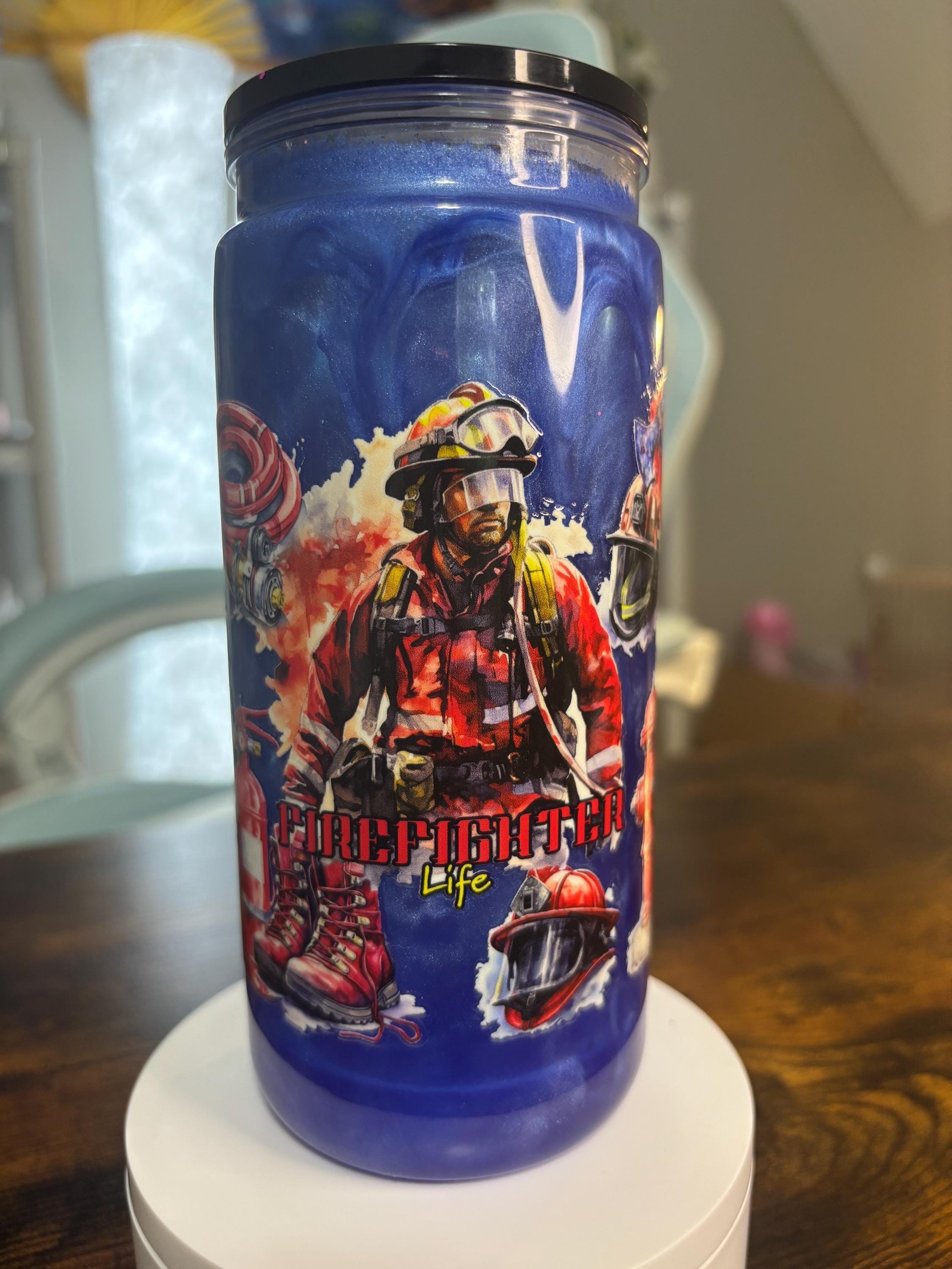 Firefighter Life Snow Globe Tumbler | 20oz Handmade First Responder Cup | Fire Wife Gift