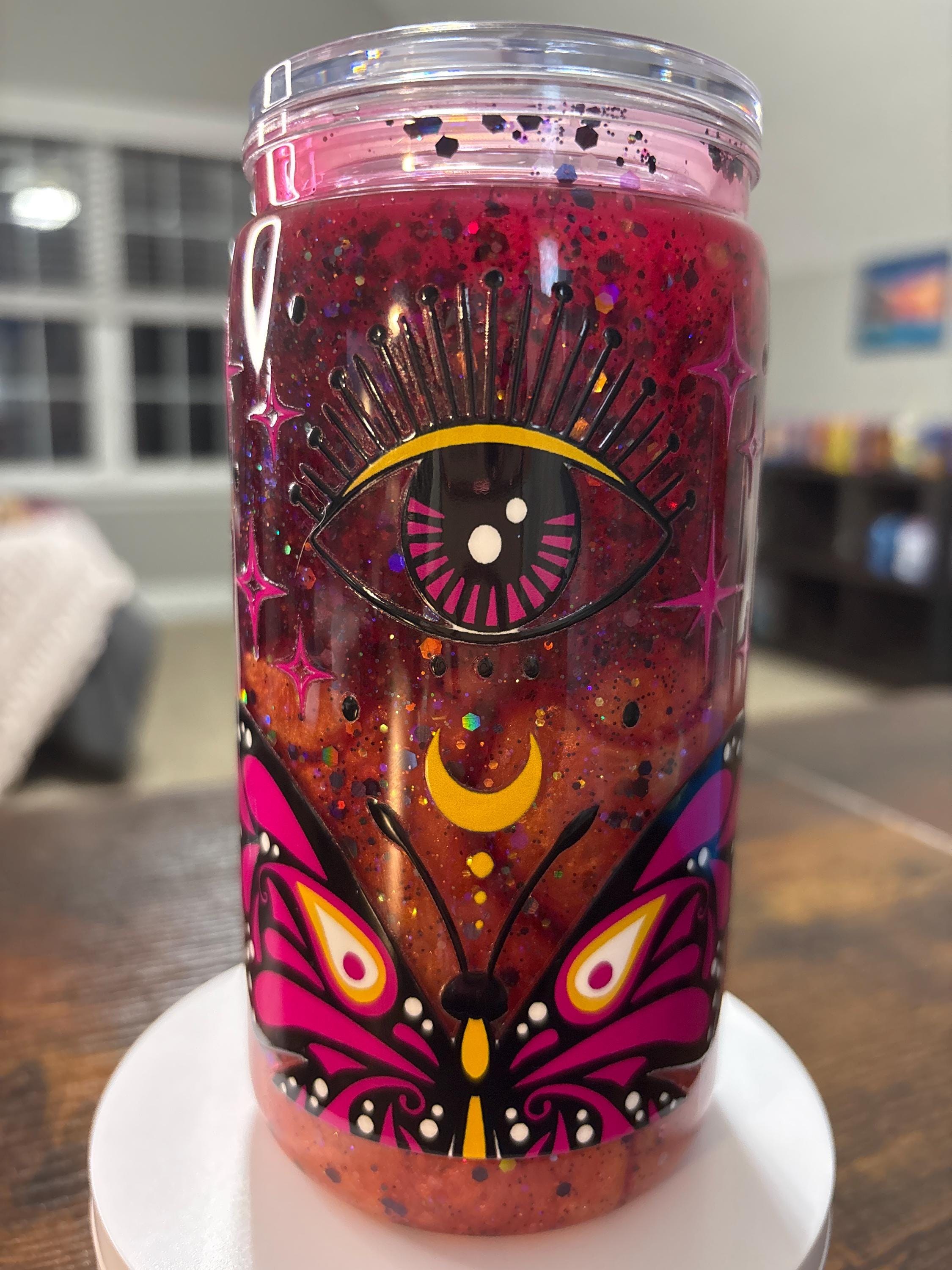 Evil Eye Butterfly Snow Globe Tumbler | Handmade Boho Spiritual Cup | Protection Gift