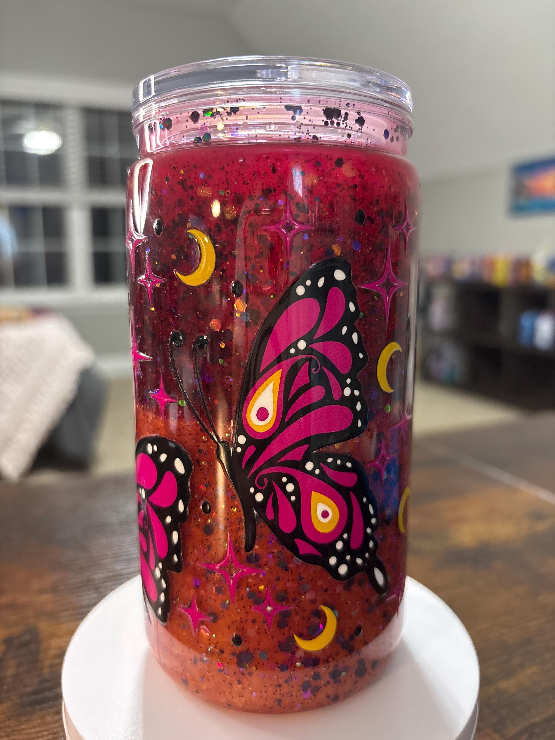 Evil Eye Butterfly Snow Globe Tumbler | Handmade Boho Spiritual Cup | Protection Gift
