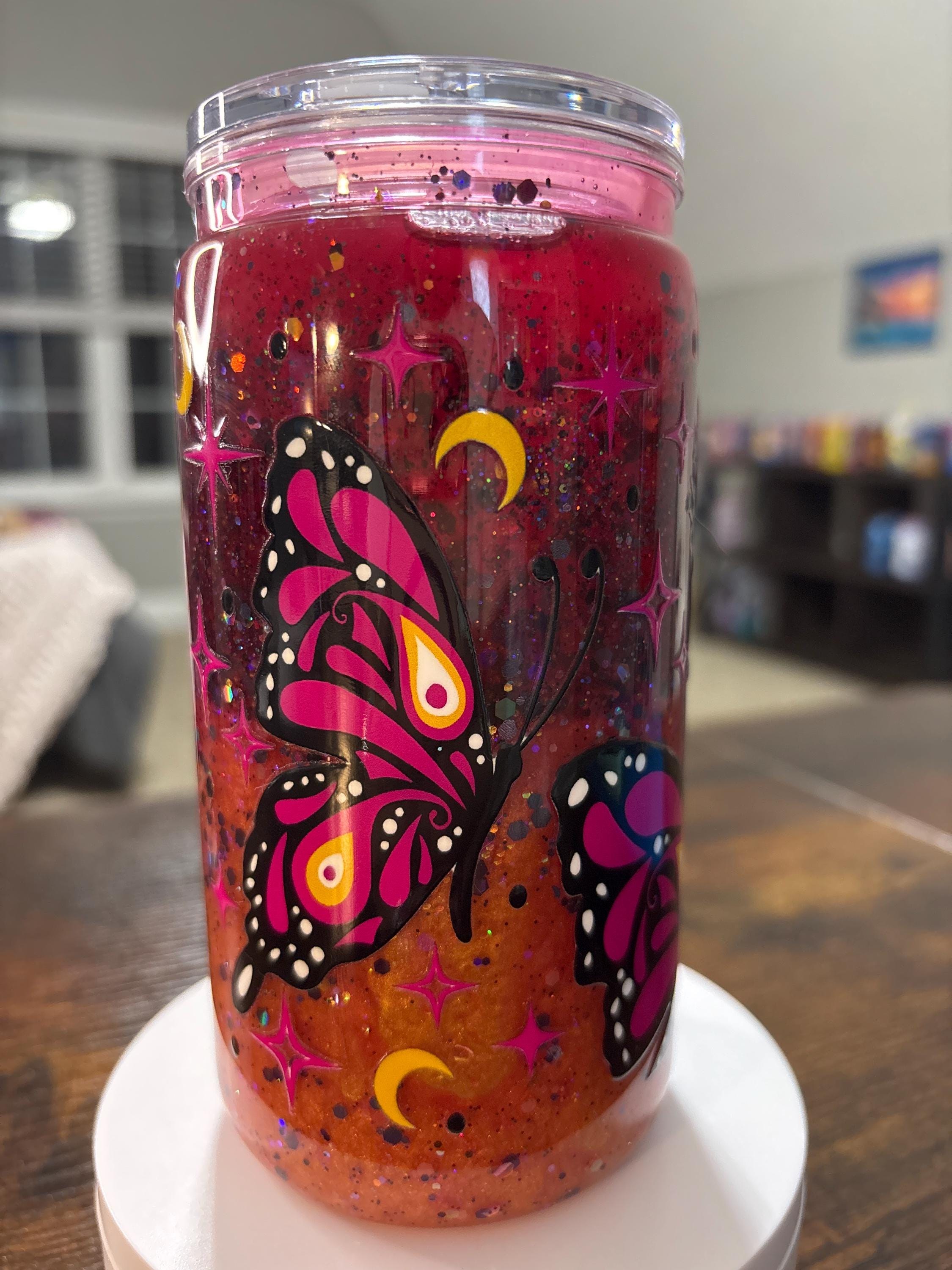 Evil Eye Butterfly Snow Globe Tumbler | Handmade Boho Spiritual Cup | Protection Gift