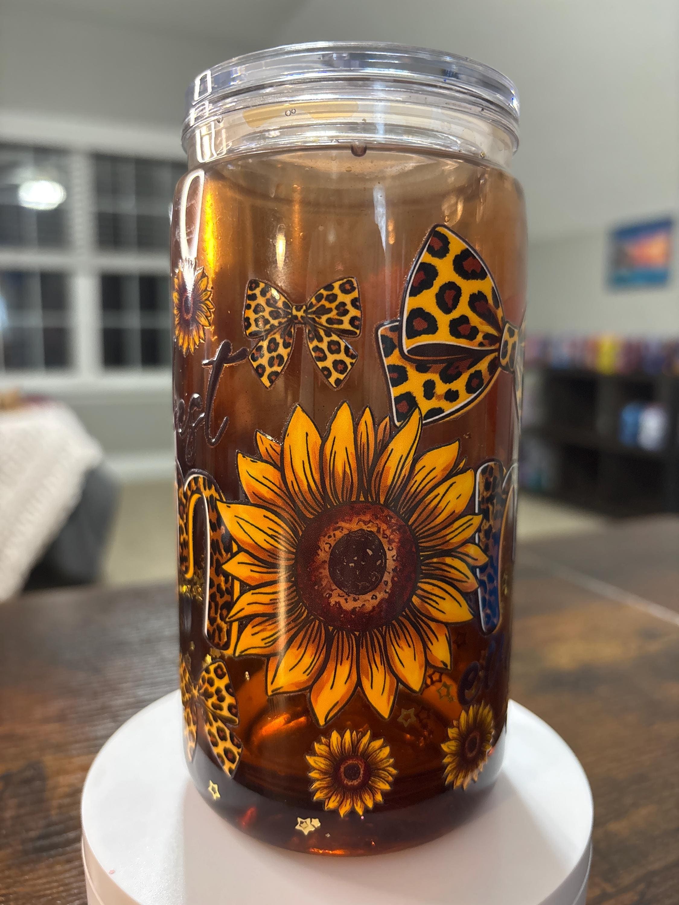 Sunflower Snow Globe Tumbler with Leopard Bows | Handmade Handmade Country Cup