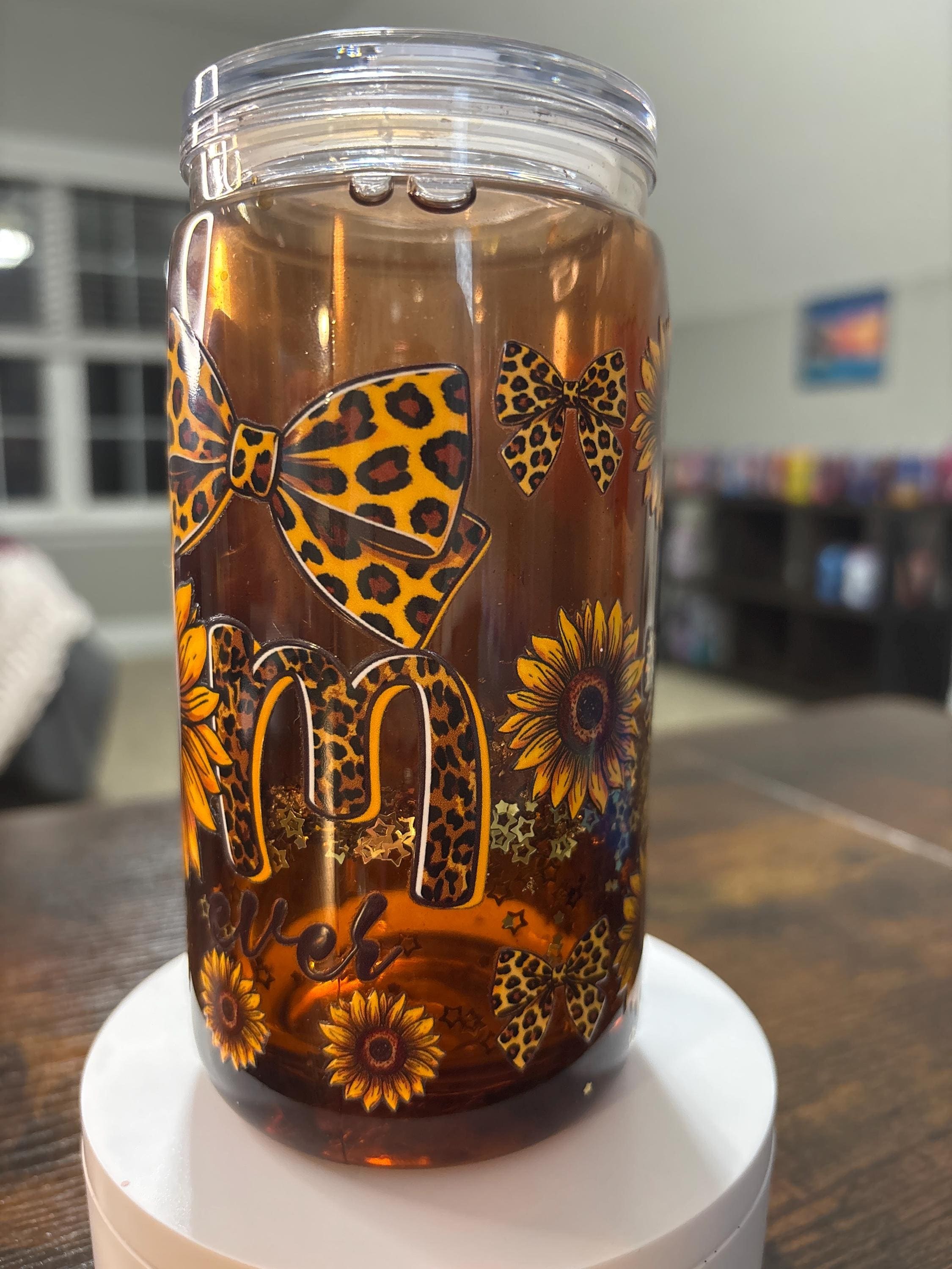 Sunflower Snow Globe Tumbler with Leopard Bows | Handmade Handmade Country Cup