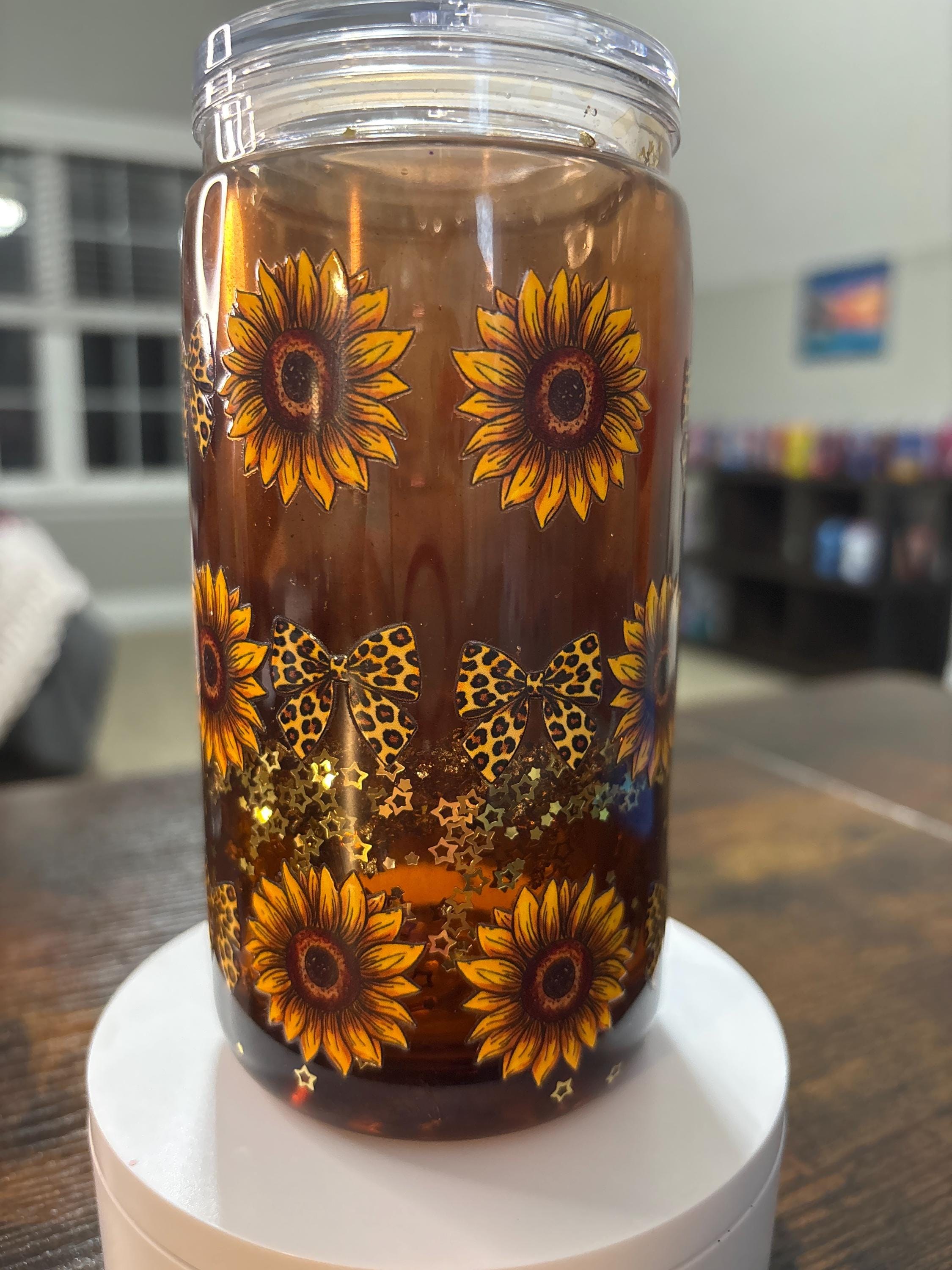 Sunflower Snow Globe Tumbler with Leopard Bows | Handmade Handmade Country Cup