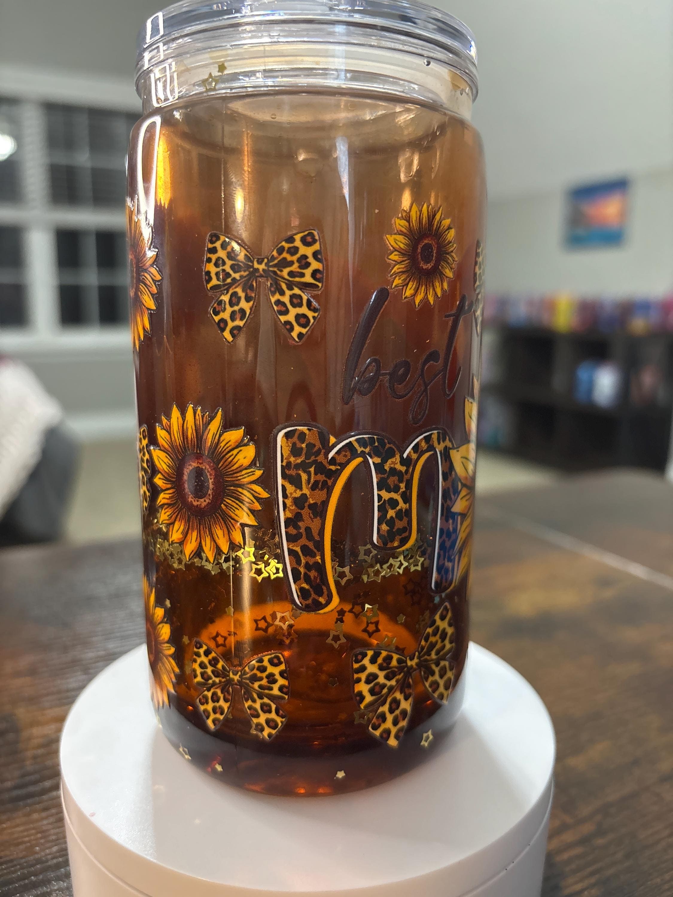 Sunflower Snow Globe Tumbler with Leopard Bows | Handmade Handmade Country Cup