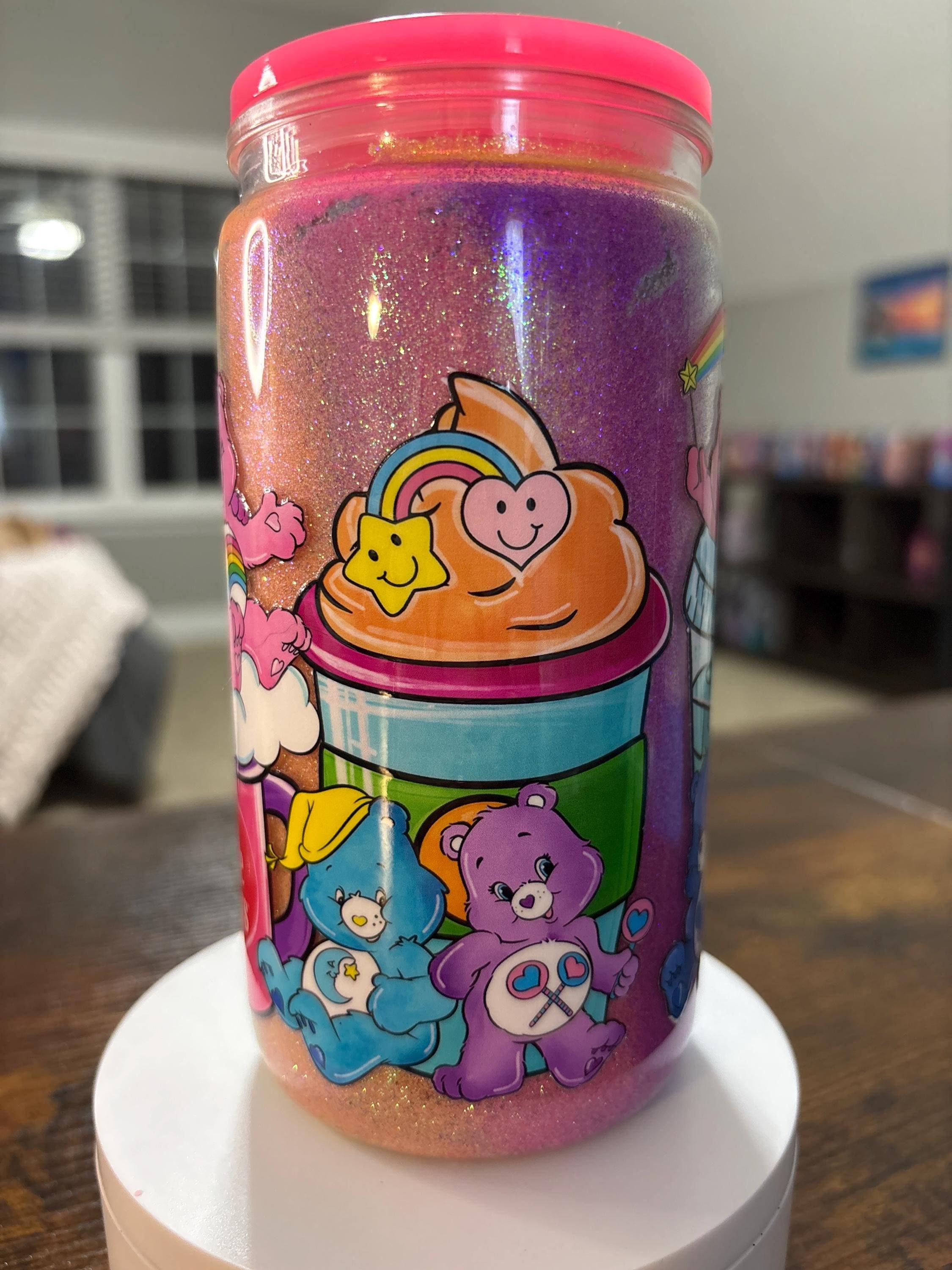 Handmade Care Bears Acrylic Snow Globe Tumbler | 16oz Glitter Cup