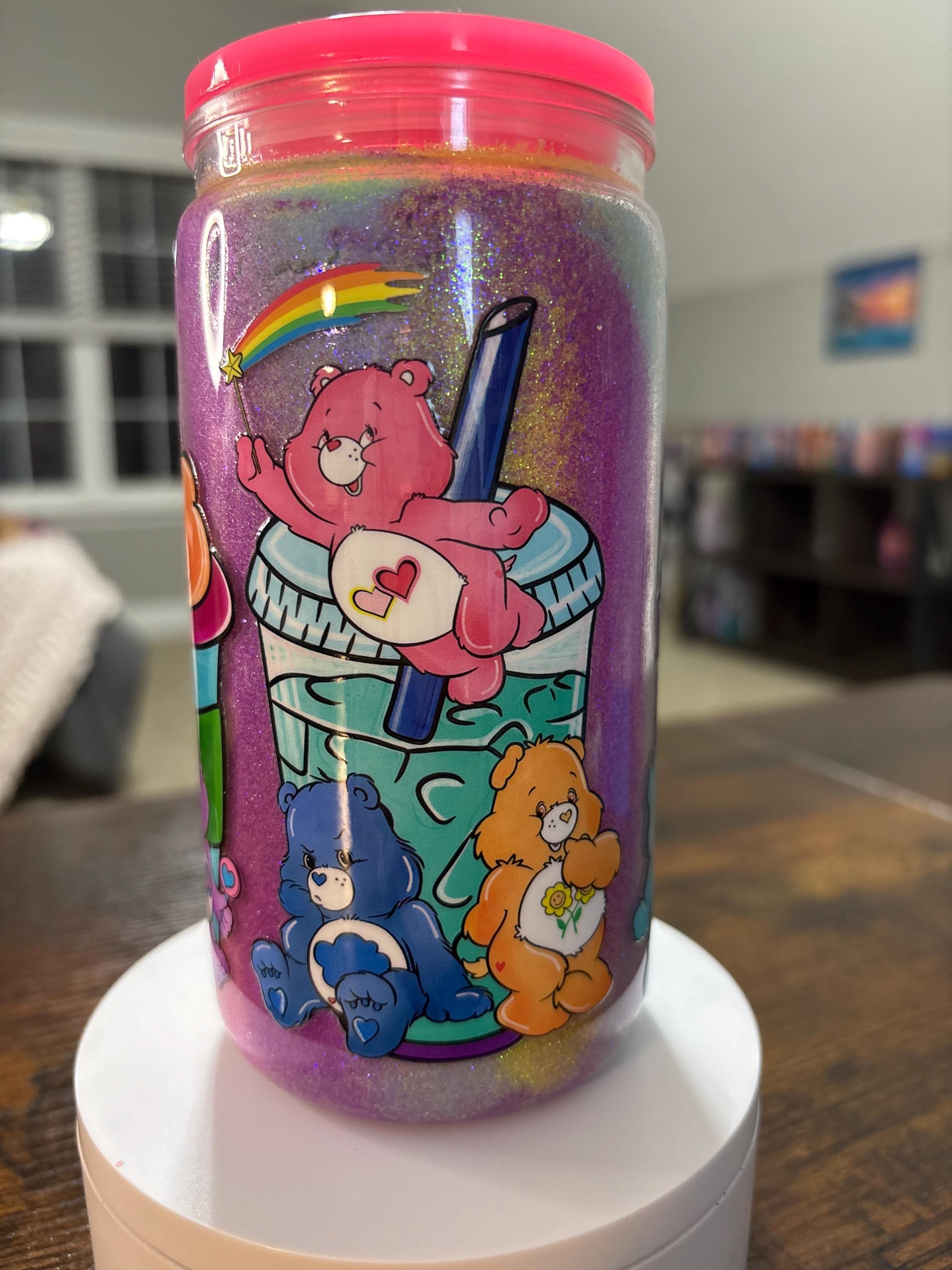 Handmade Care Bears Acrylic Snow Globe Tumbler | 16oz Glitter Cup