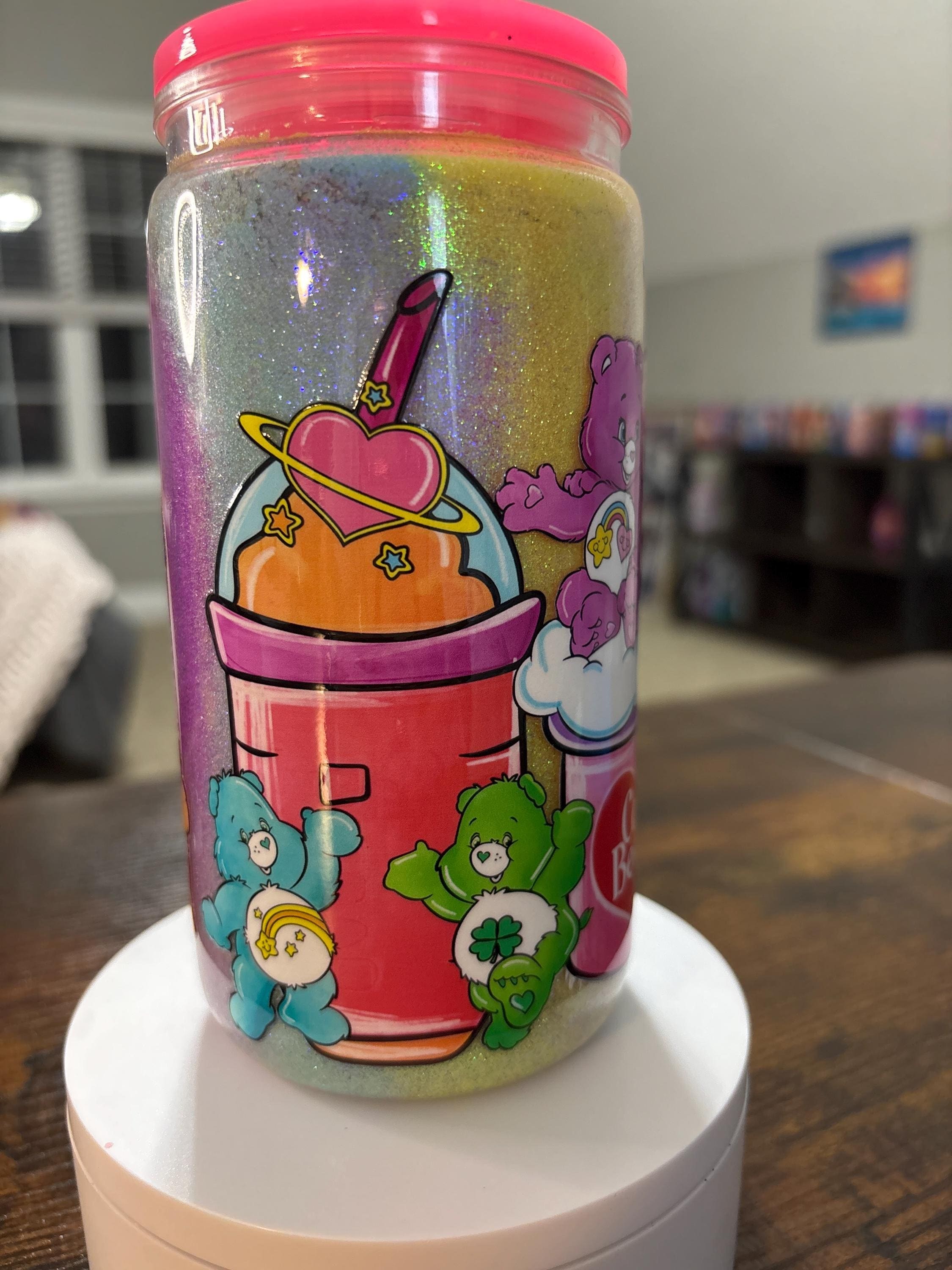 Handmade Care Bears Acrylic Snow Globe Tumbler | 16oz Glitter Cup