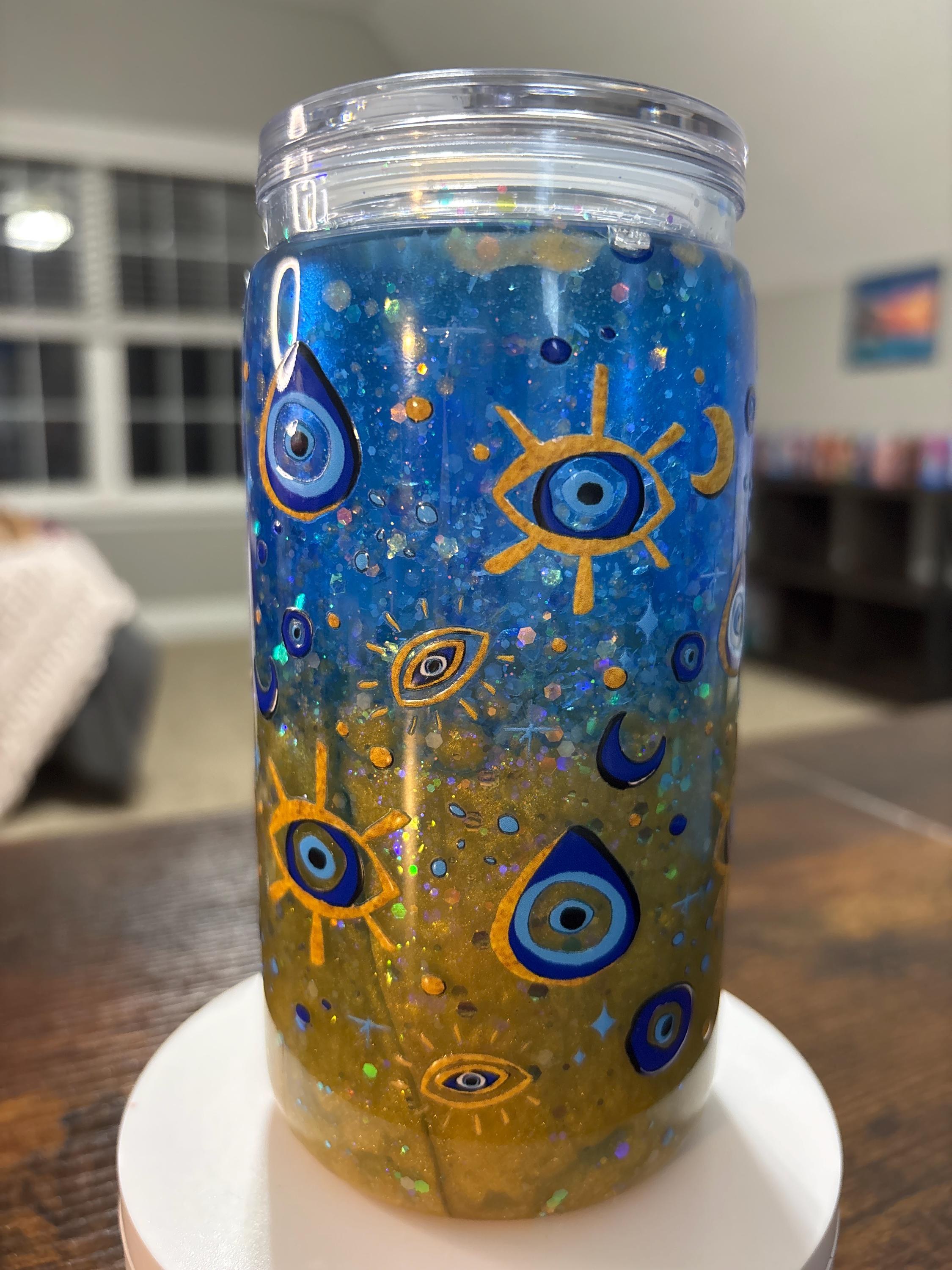 Evil Eye Snow Globe Tumbler | Handmade 16oz Acrylic Snowglobe Cup | Boho Protection Gift