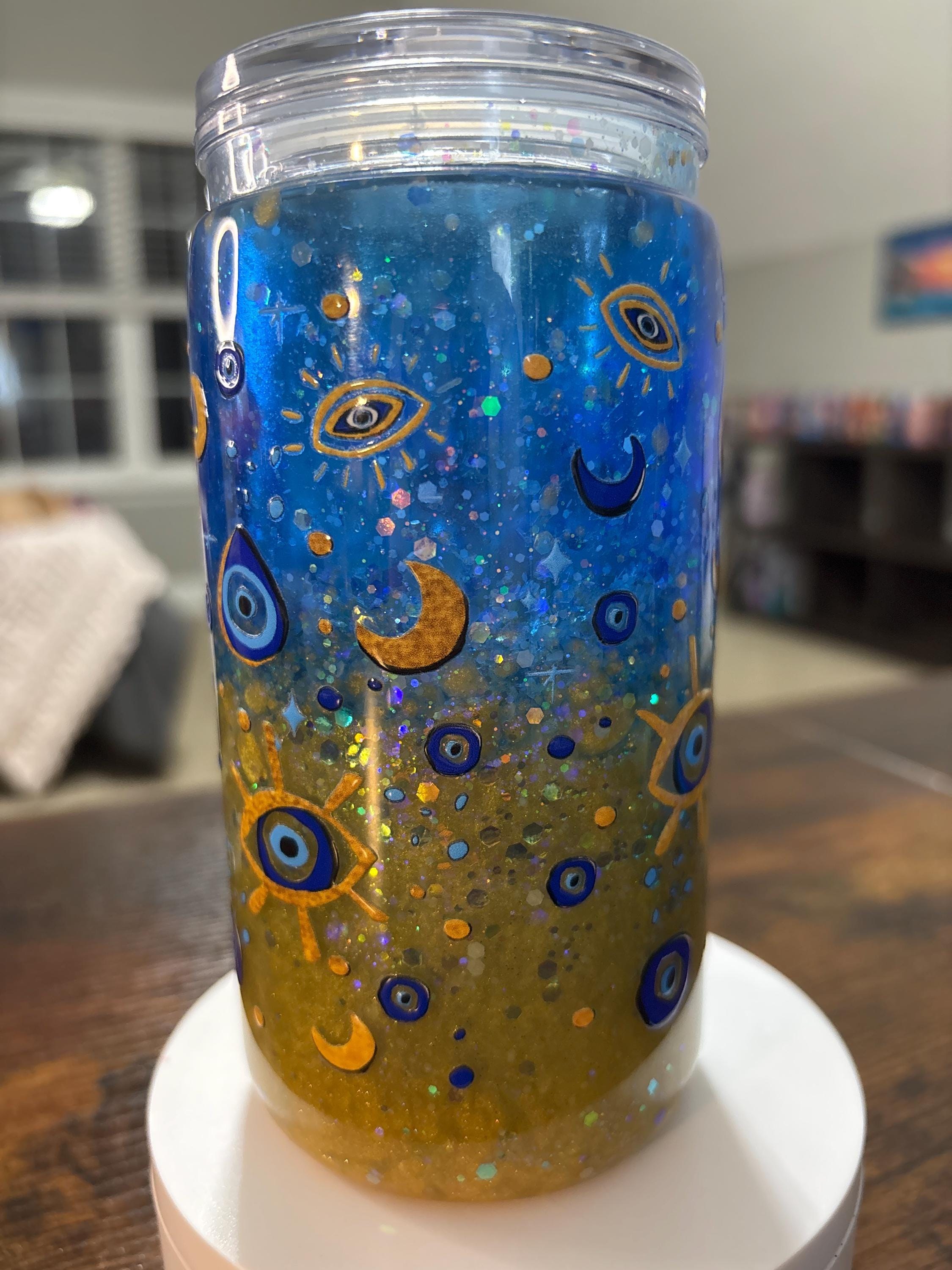 Evil Eye Snow Globe Tumbler | Handmade 16oz Acrylic Snowglobe Cup | Boho Protection Gift