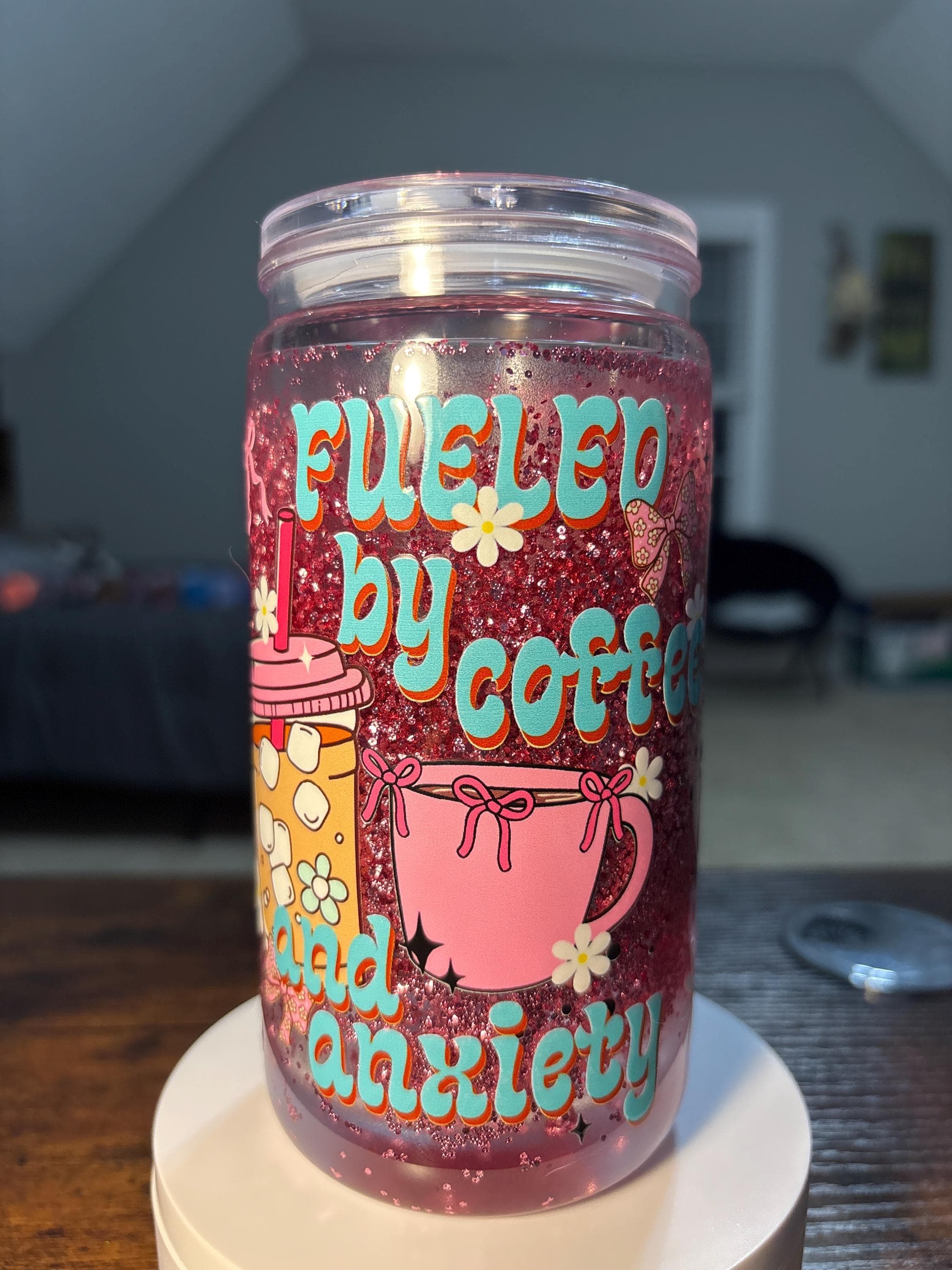 Fueled by Coffee Snow Globe Tumbler | Handmade 16oz Acrylic Coffee Lover Cup