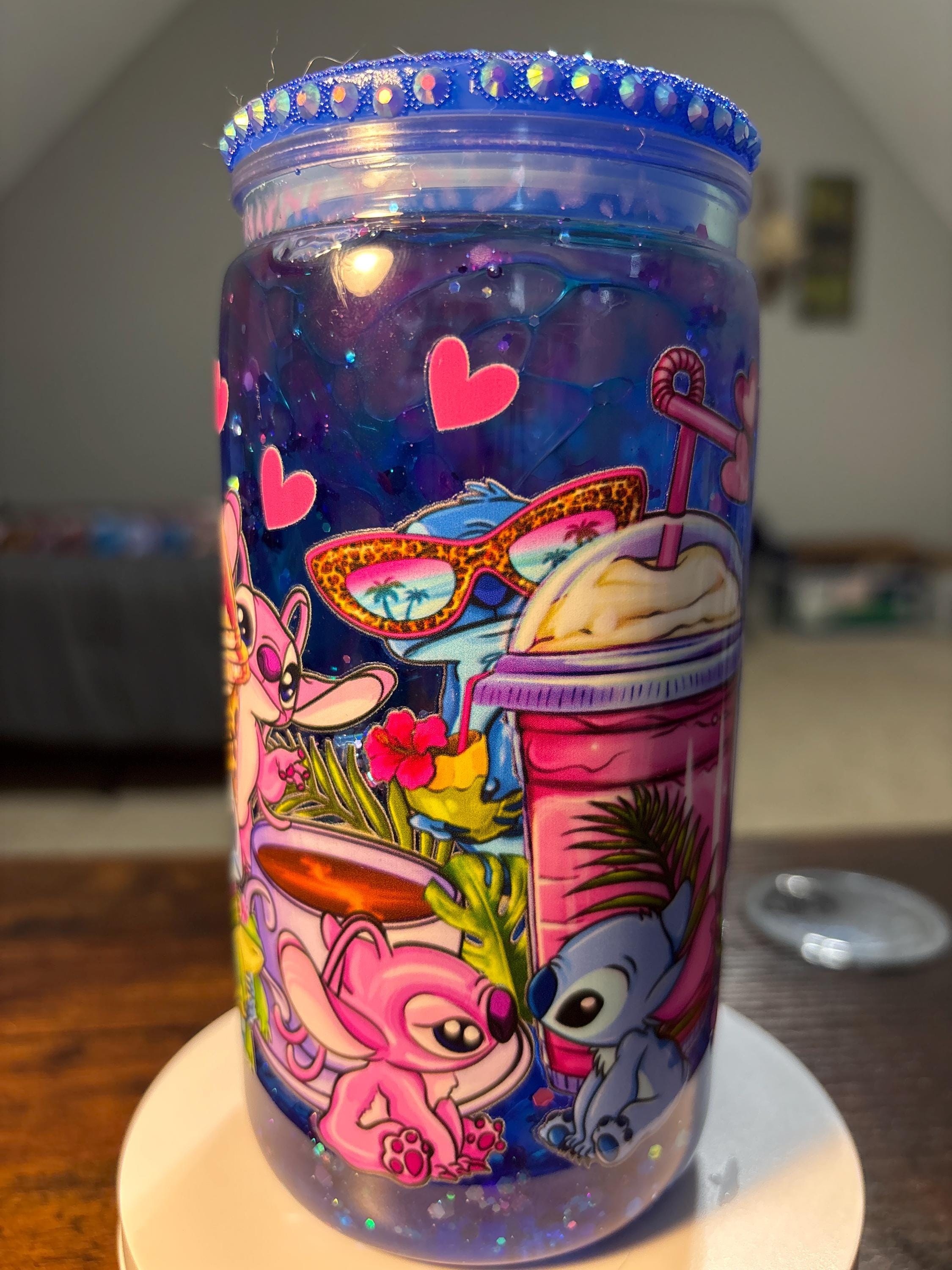 Stitch and Angel at the Beach Snow Globe Tumbler | 16oz Handmade Cartoon Fan Cup