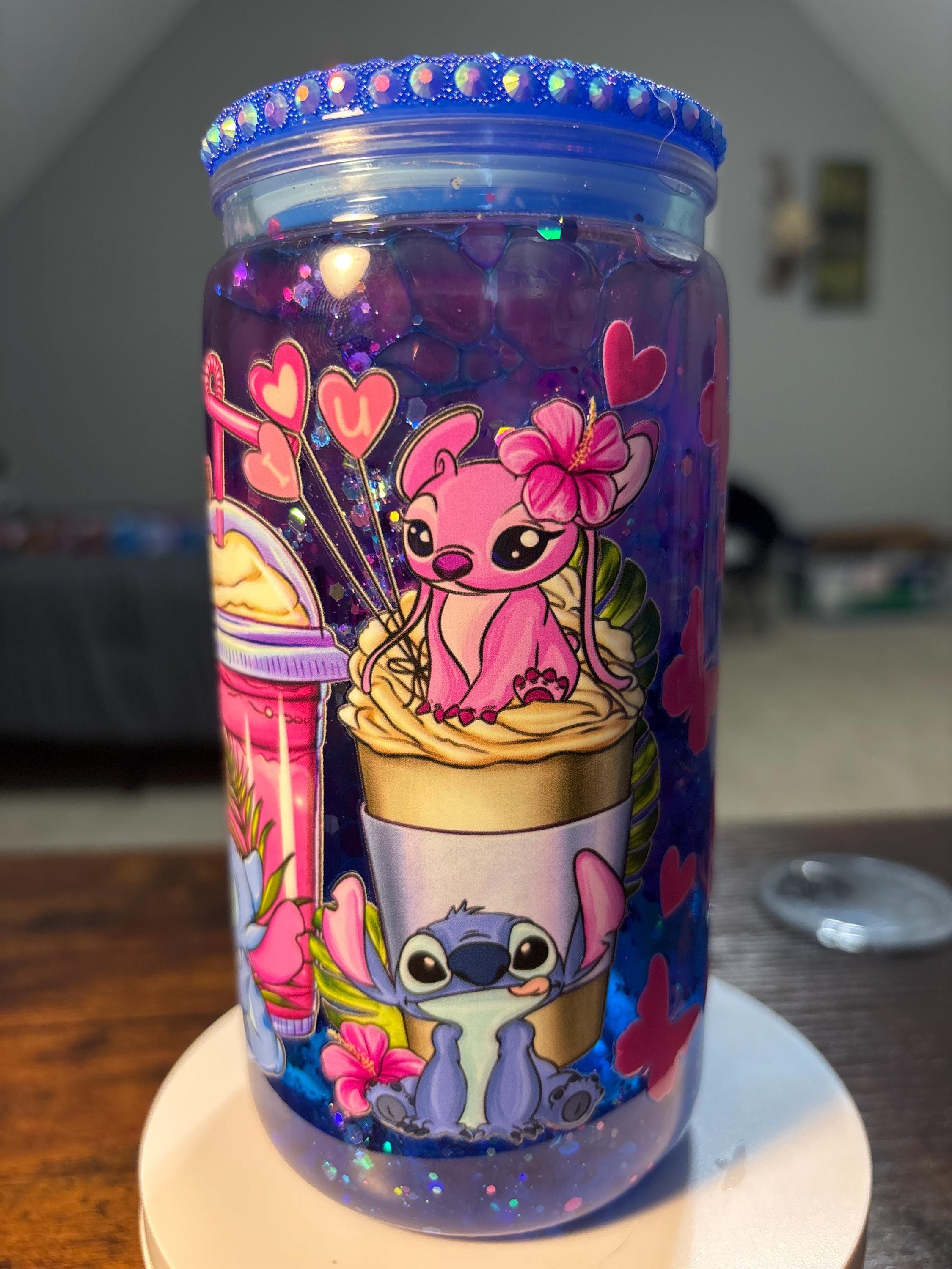 Stitch and Angel at the Beach Snow Globe Tumbler | 16oz Handmade Cartoon Fan Cup