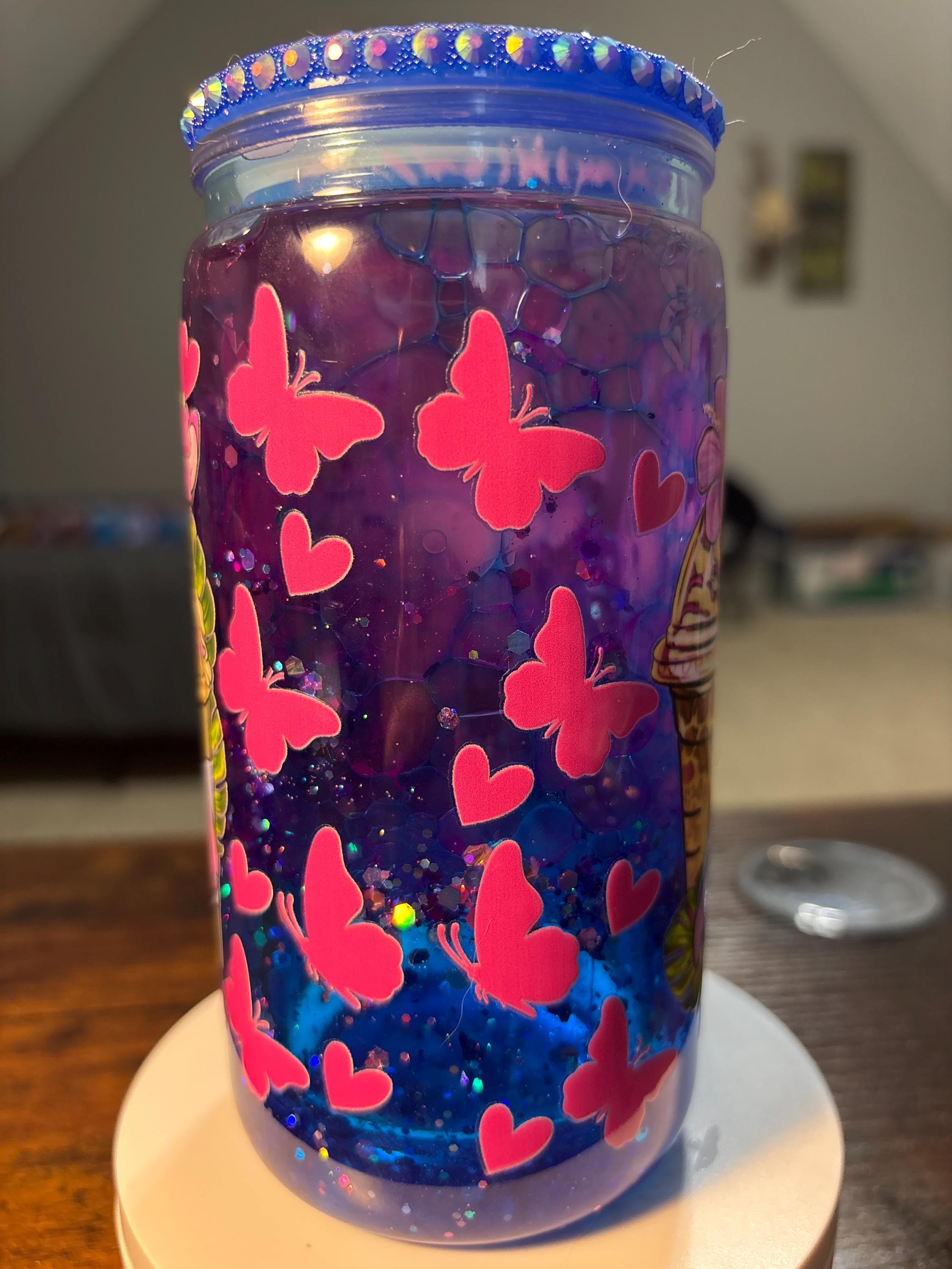 Stitch and Angel at the Beach Snow Globe Tumbler | 16oz Handmade Cartoon Fan Cup
