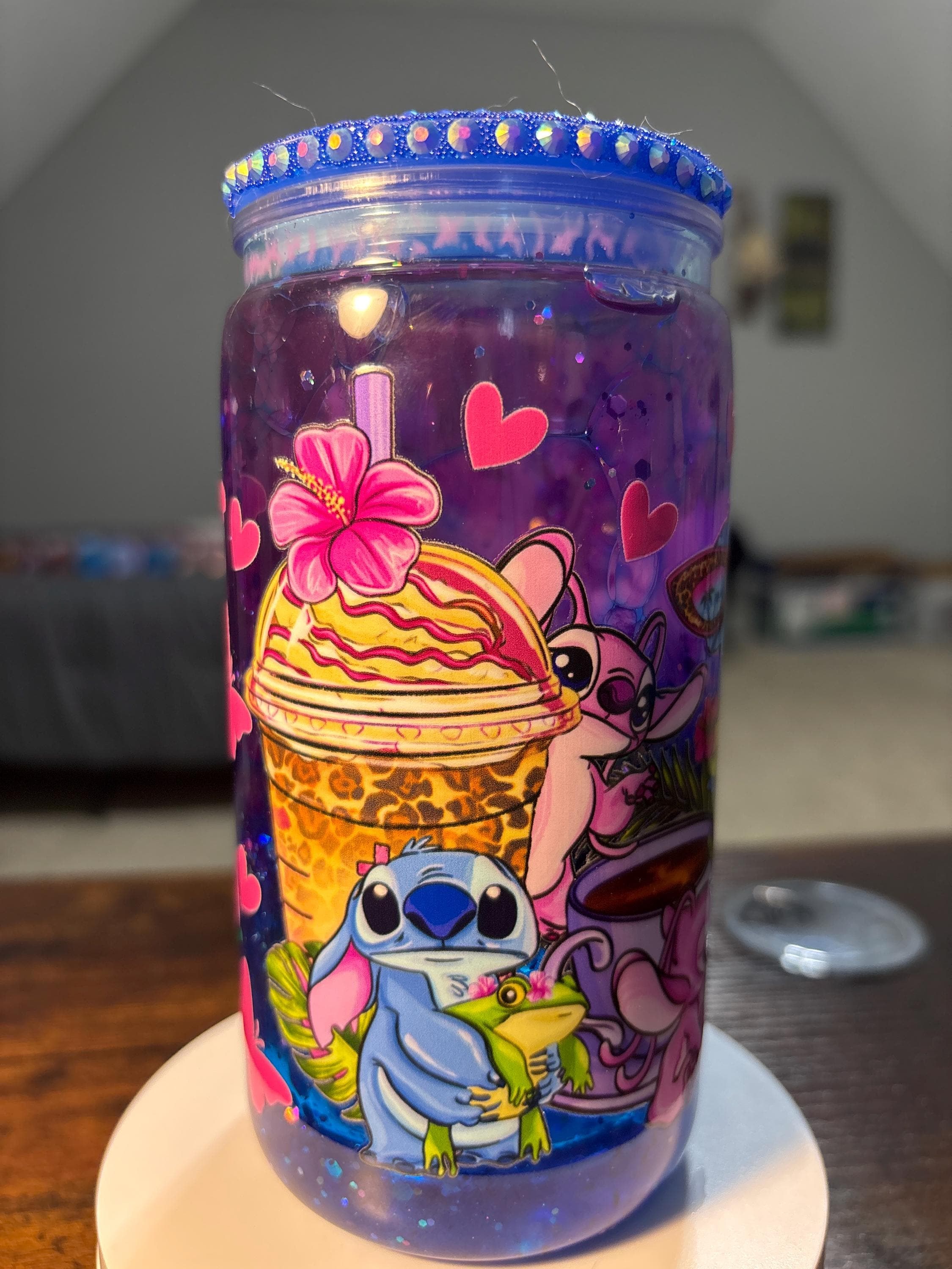 Stitch and Angel at the Beach Snow Globe Tumbler | 16oz Handmade Cartoon Fan Cup