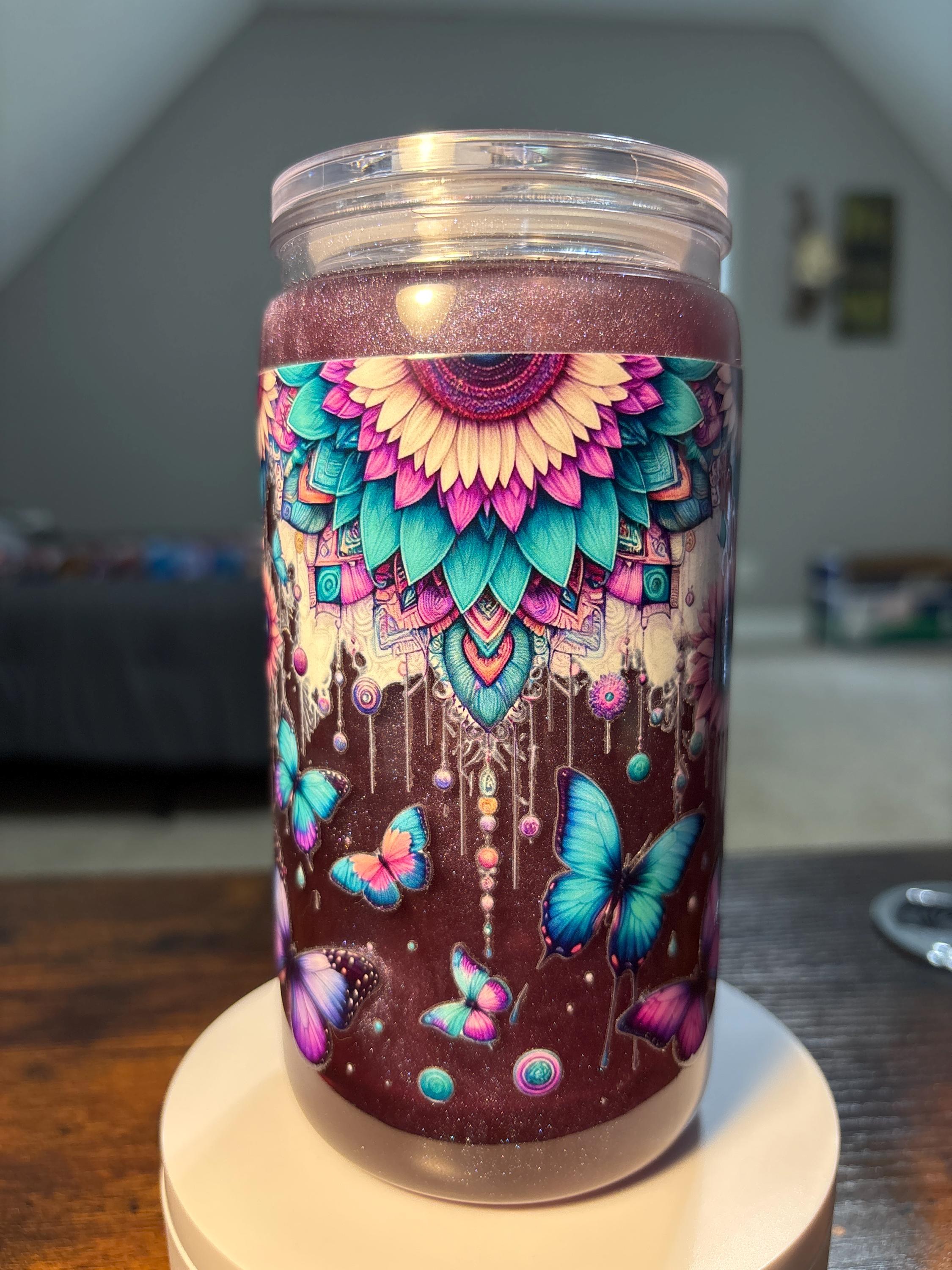 Sunflowers Butterflies Dreamcatcher Snow Globe Tumbler | 16oz Handmade Boho Cup