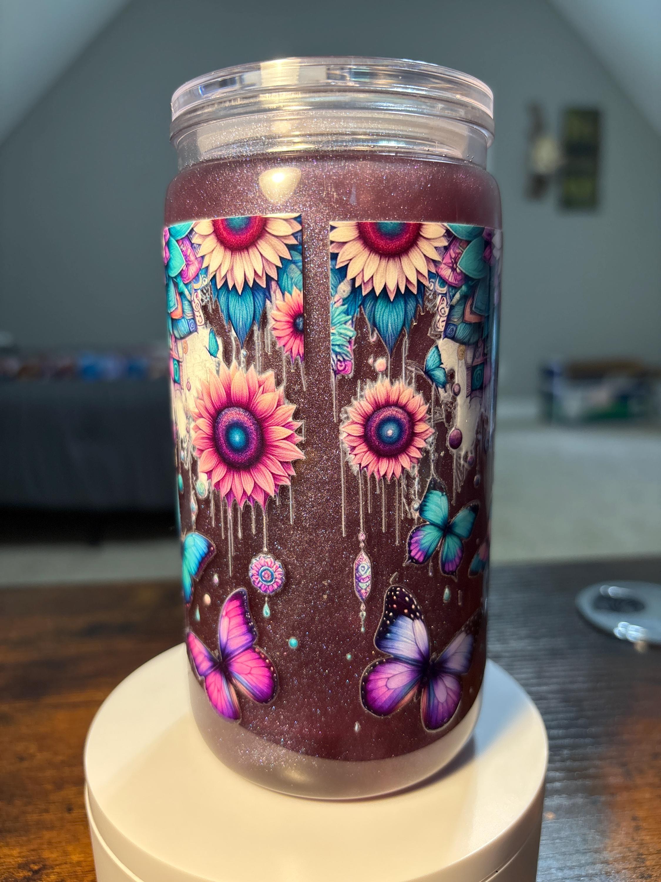 Sunflowers Butterflies Dreamcatcher Snow Globe Tumbler | 16oz Handmade Boho Cup