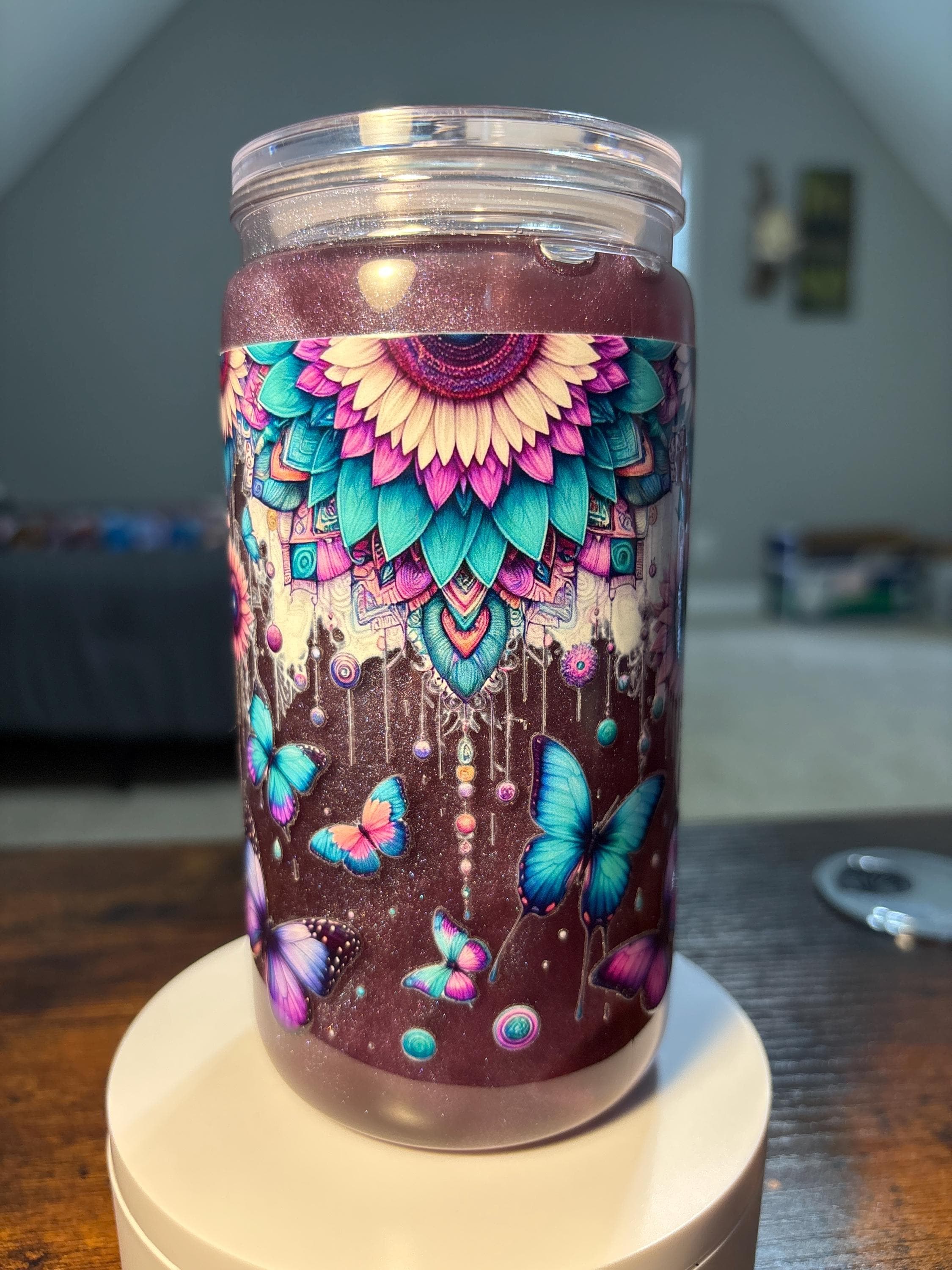 Sunflowers Butterflies Dreamcatcher Snow Globe Tumbler | 16oz Handmade Boho Cup