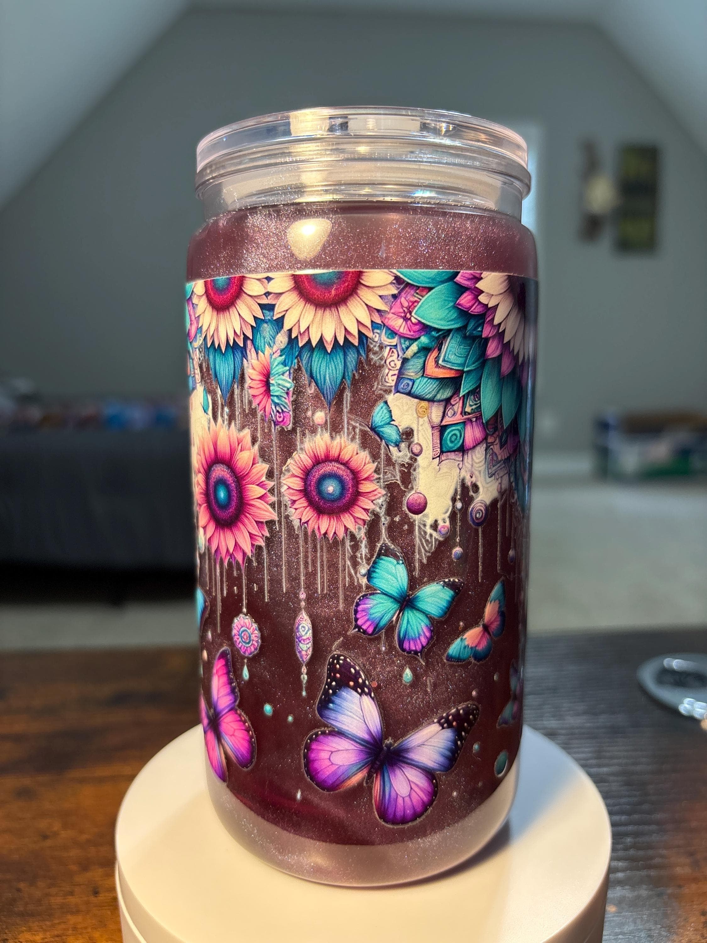 Sunflowers Butterflies Dreamcatcher Snow Globe Tumbler | 16oz Handmade Boho Cup