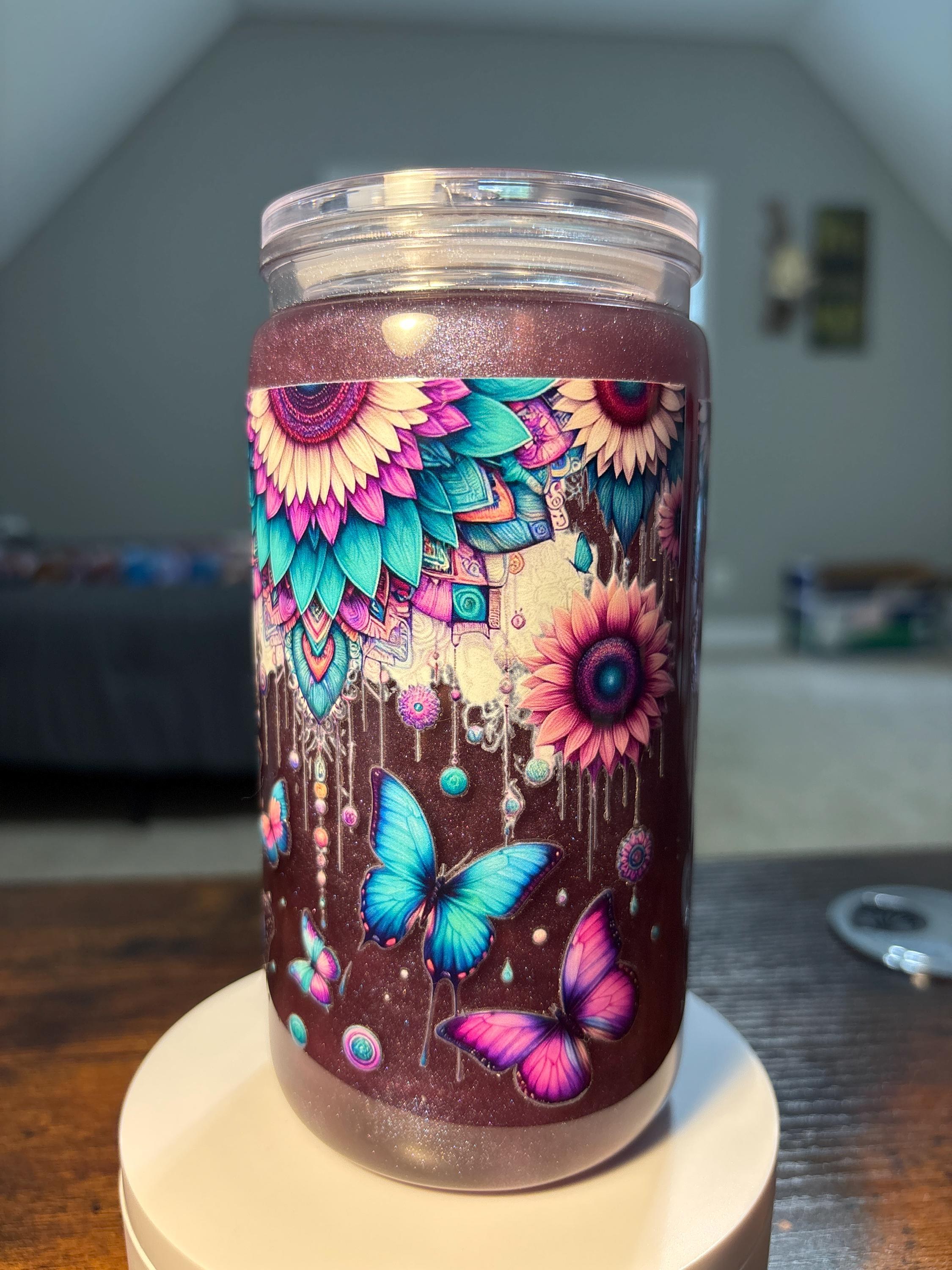 Sunflowers Butterflies Dreamcatcher Snow Globe Tumbler | 16oz Handmade Boho Cup
