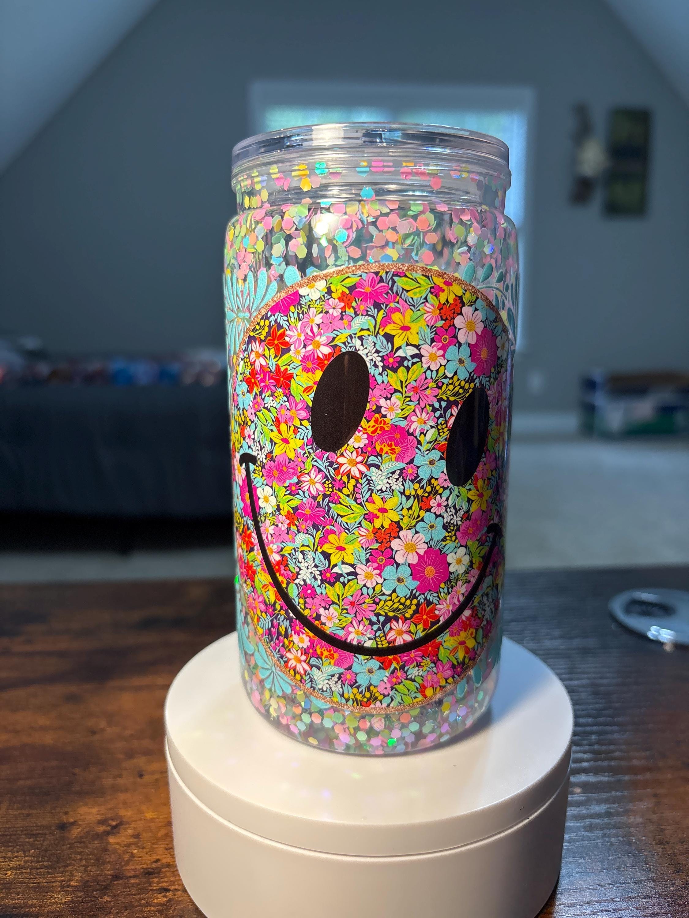 Smiley Face 70s Retro Snow Globe Tumbler | 16oz Handmade Groovy Cup | Retro Gift