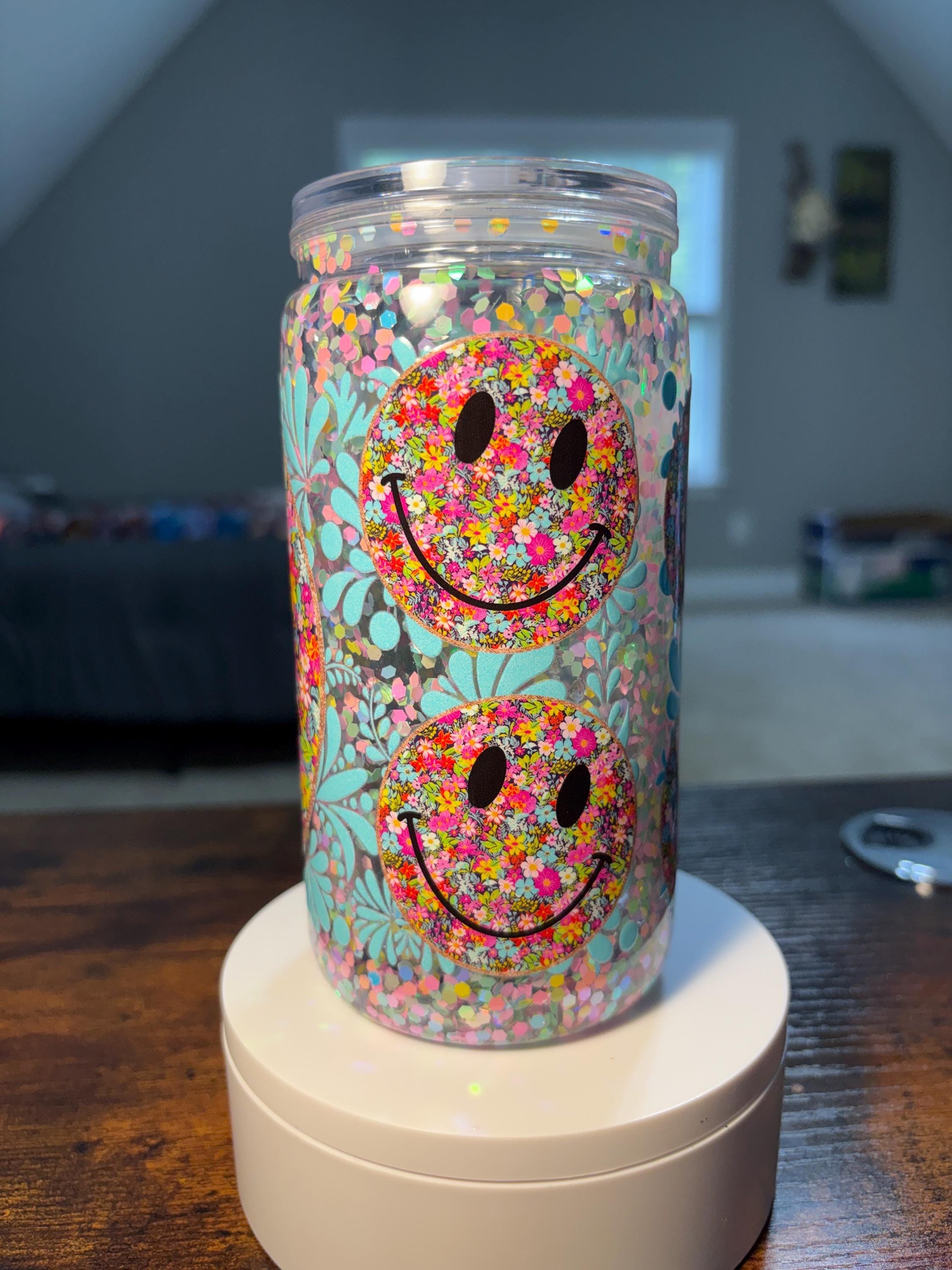 Smiley Face 70s Retro Snow Globe Tumbler | 16oz Handmade Groovy Cup | Retro Gift
