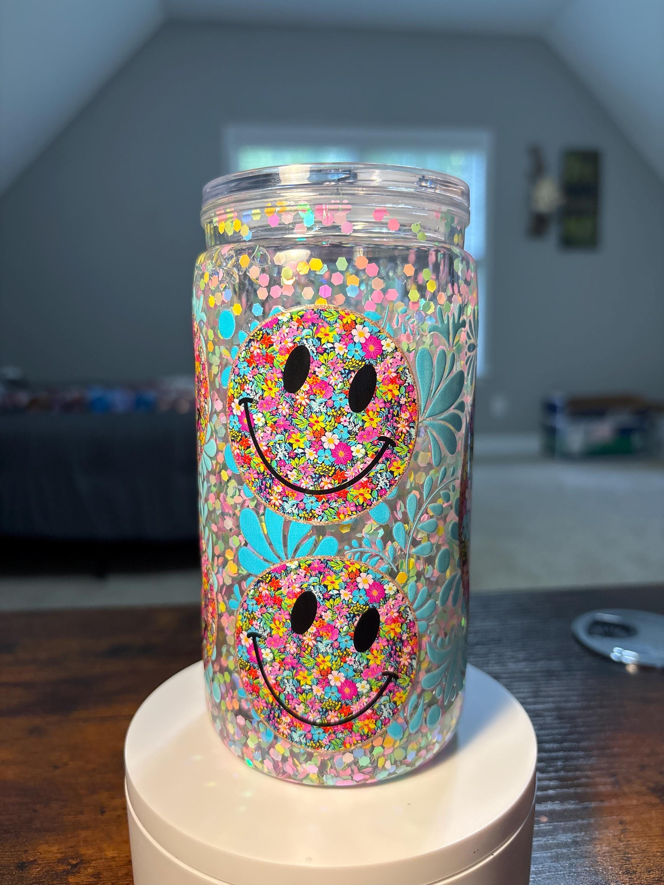 Smiley Face 70s Retro Snow Globe Tumbler | 16oz Handmade Groovy Cup | Retro Gift