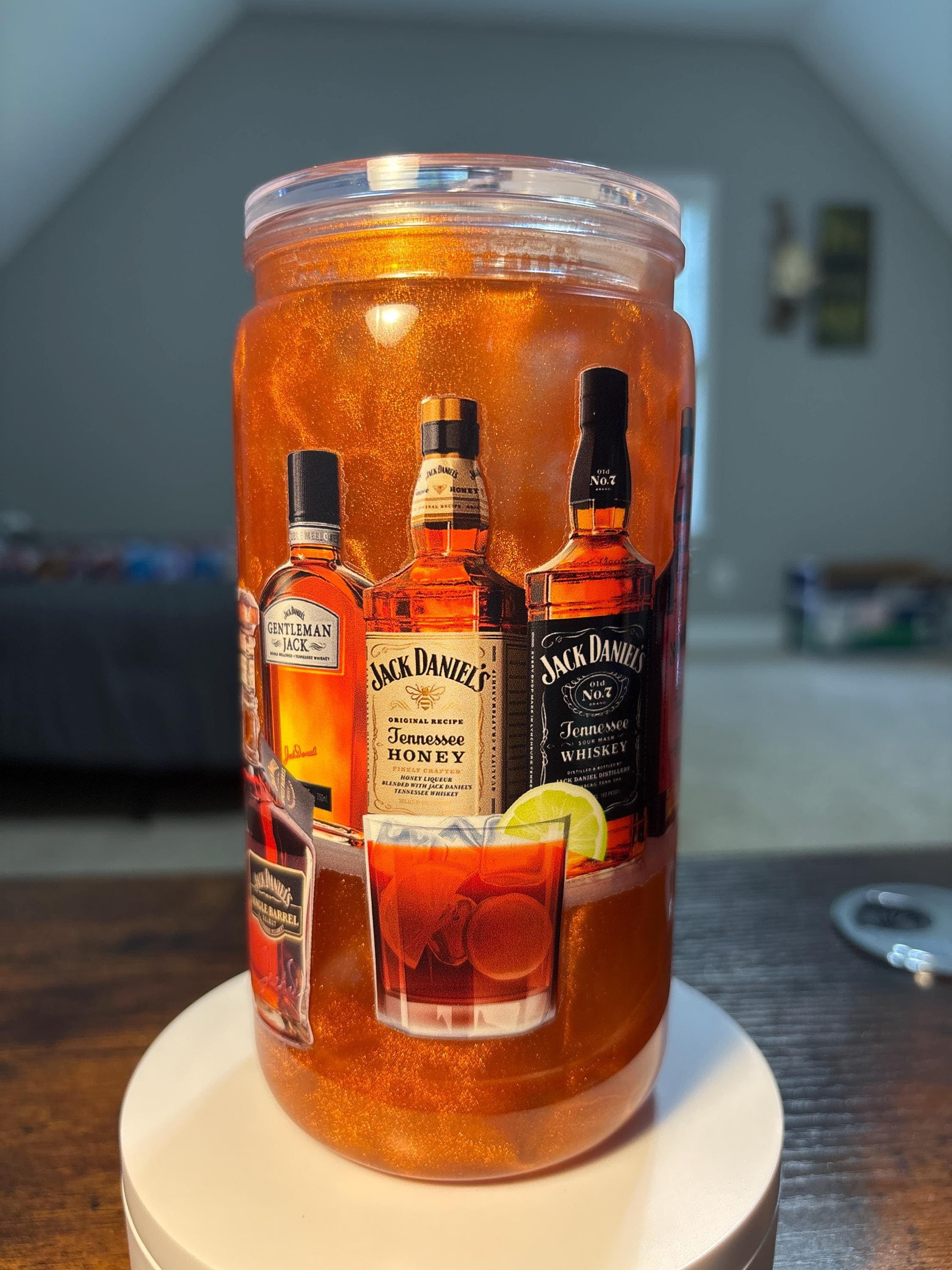 Whiskey Bottle Snow Globe Tumbler | Handmade 16oz Acrylic Whiskey Lover Cup | Bar Gift