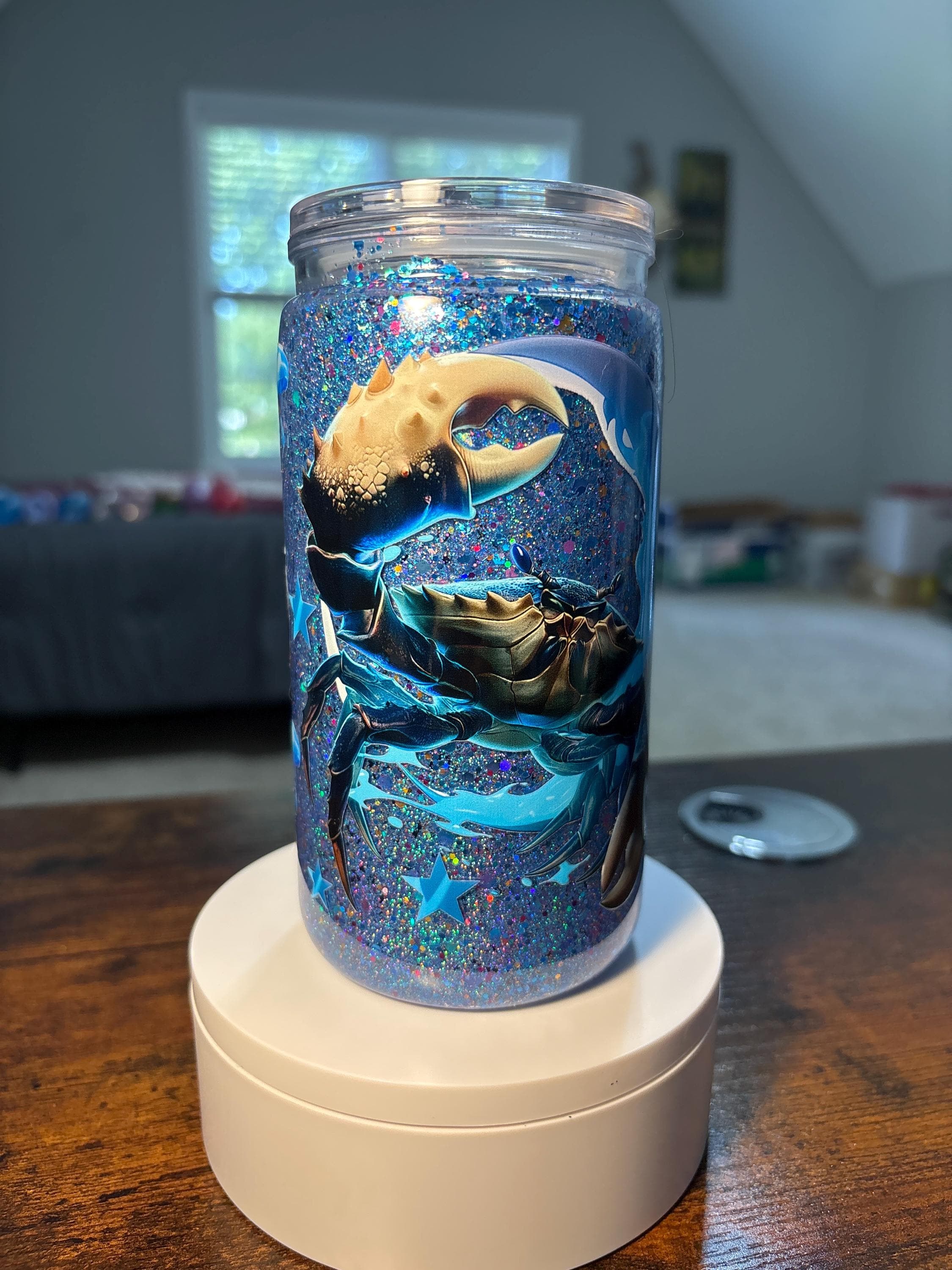 Crab 16oz Snow Globe Tumbler | Blue Holographic Glitter Cup | Coastal Beach Gift