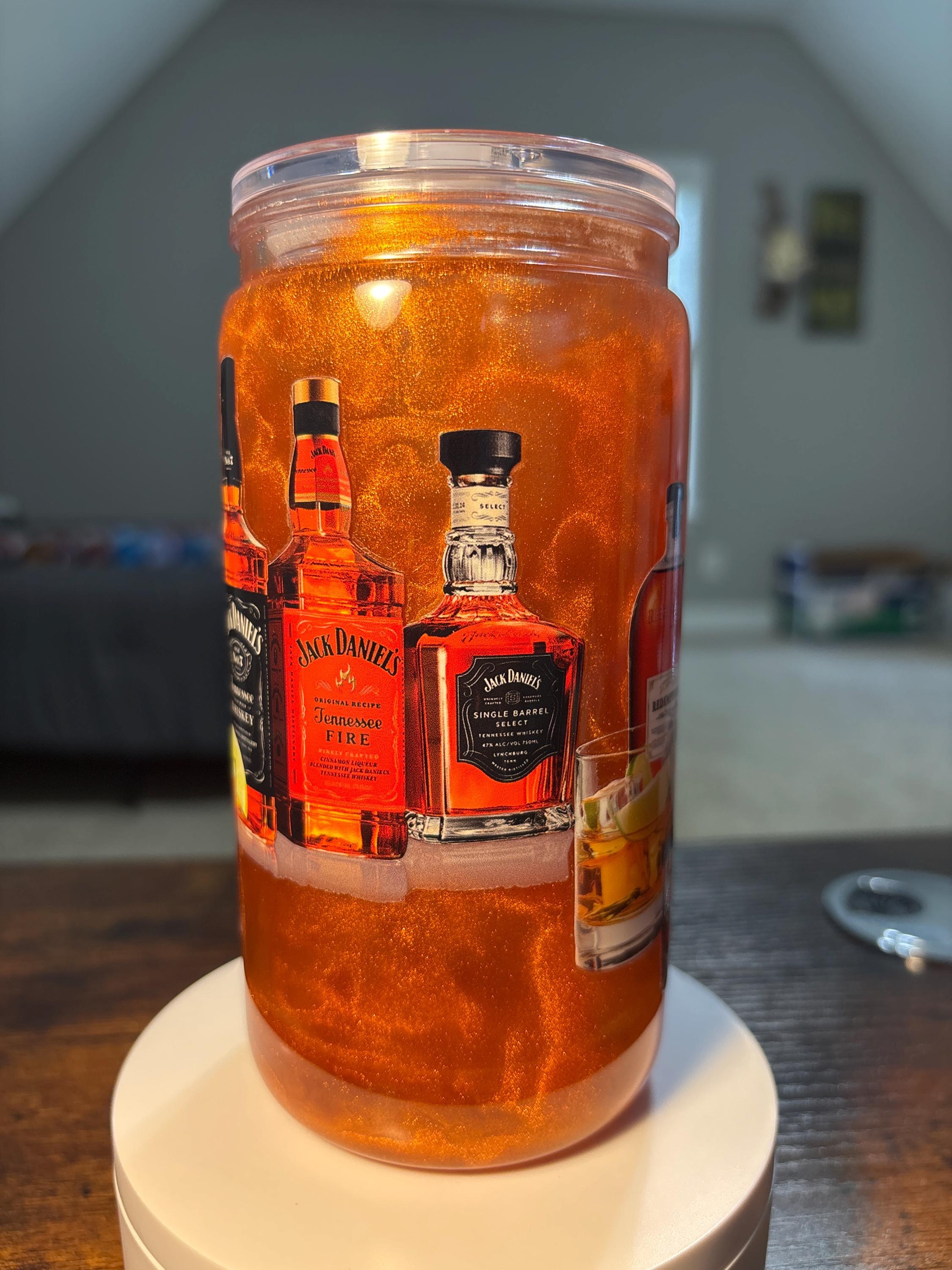 Whiskey Bottle Snow Globe Tumbler | Handmade 16oz Acrylic Whiskey Lover Cup | Bar Gift