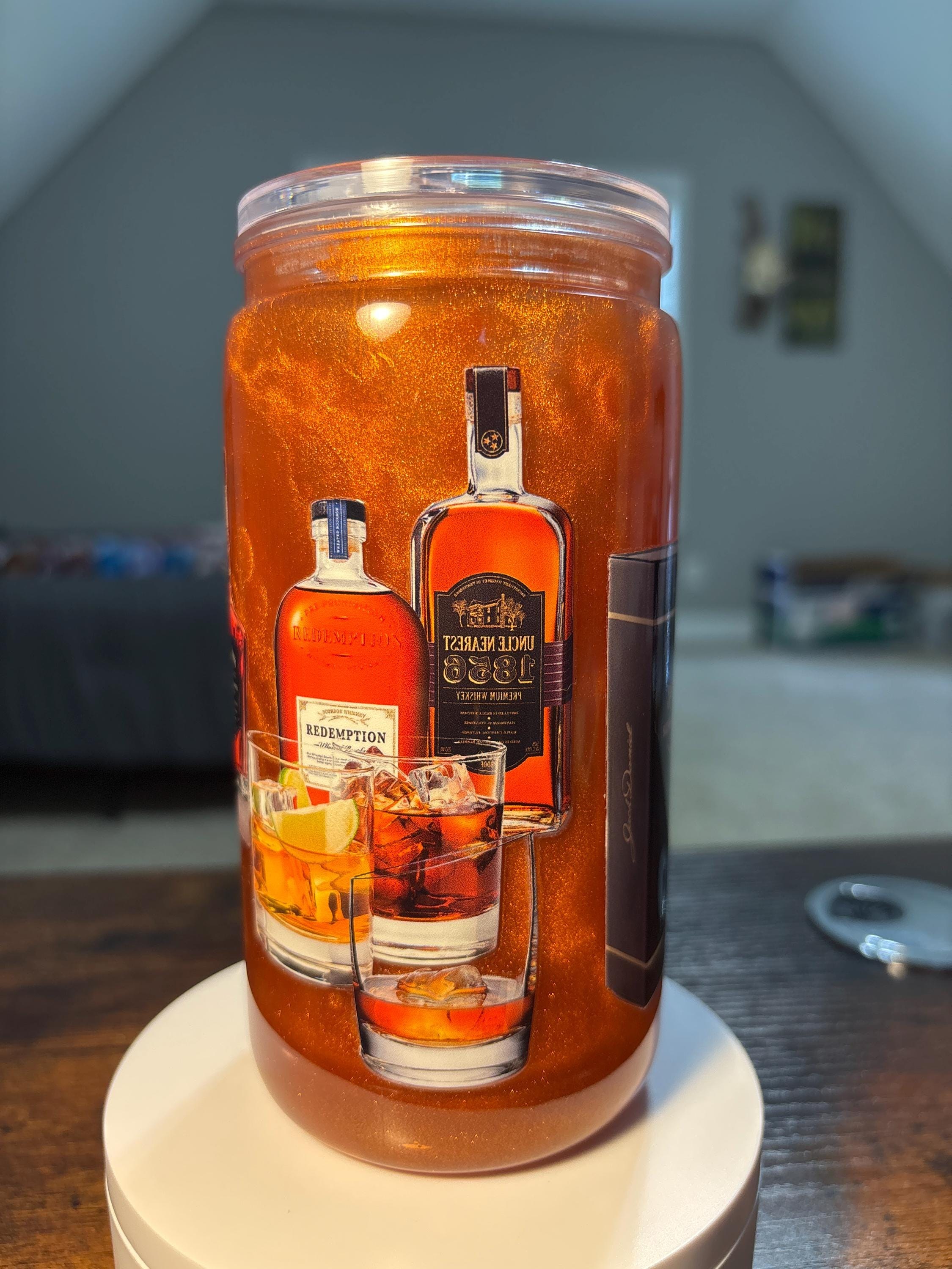 Whiskey Bottle Snow Globe Tumbler | Handmade 16oz Acrylic Whiskey Lover Cup | Bar Gift