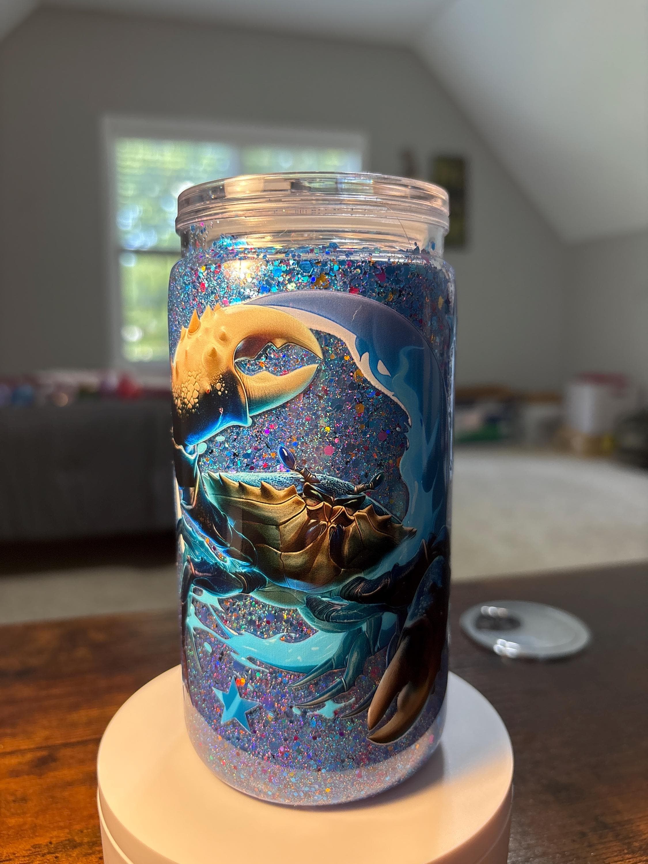 Crab Snow Globe Tumbler | Handmade 16oz Acrylic Coastal Beach Cup | Summer Gift