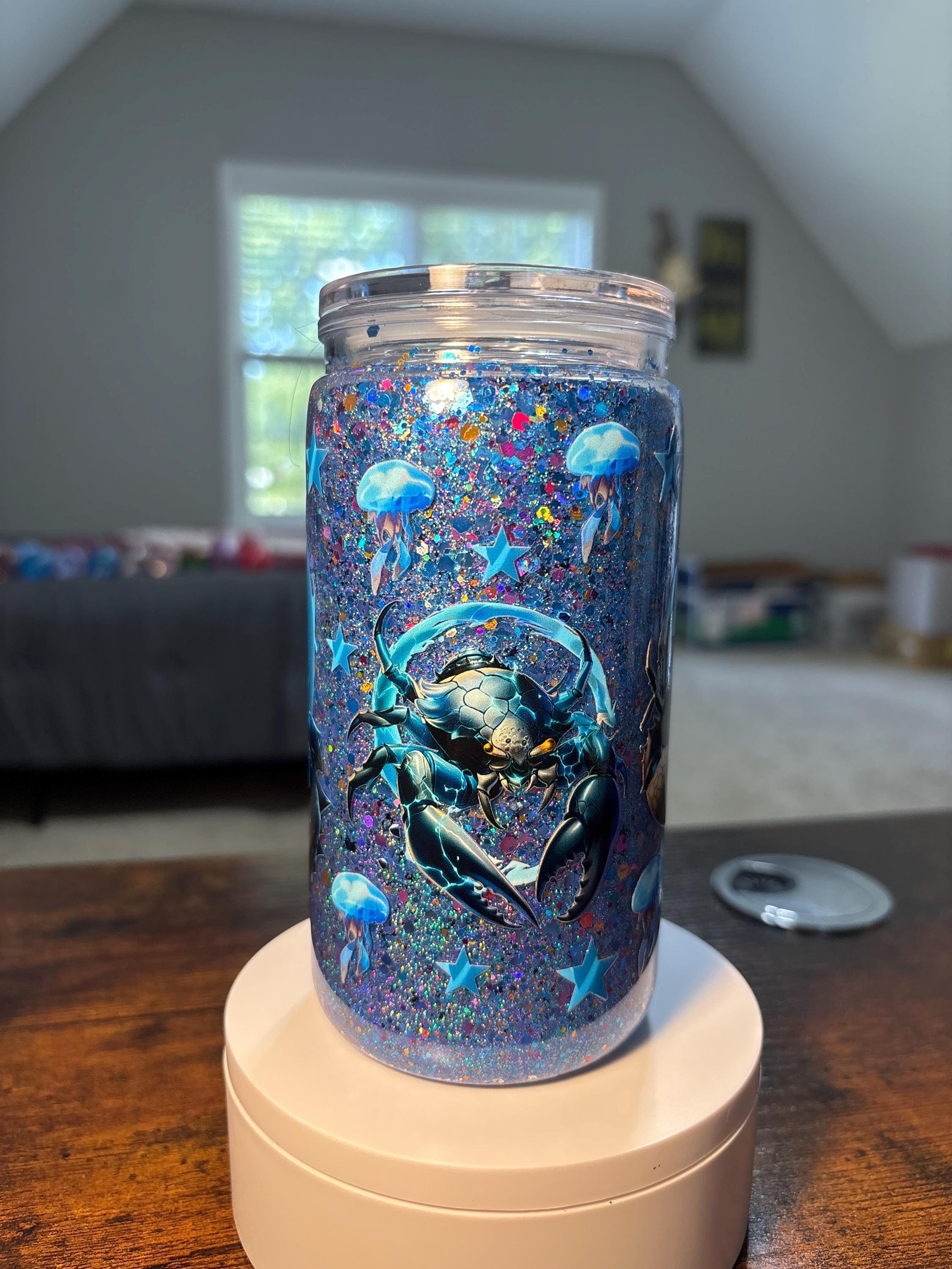 Crab Snow Globe Tumbler | Handmade 16oz Acrylic Coastal Beach Cup | Summer Gift