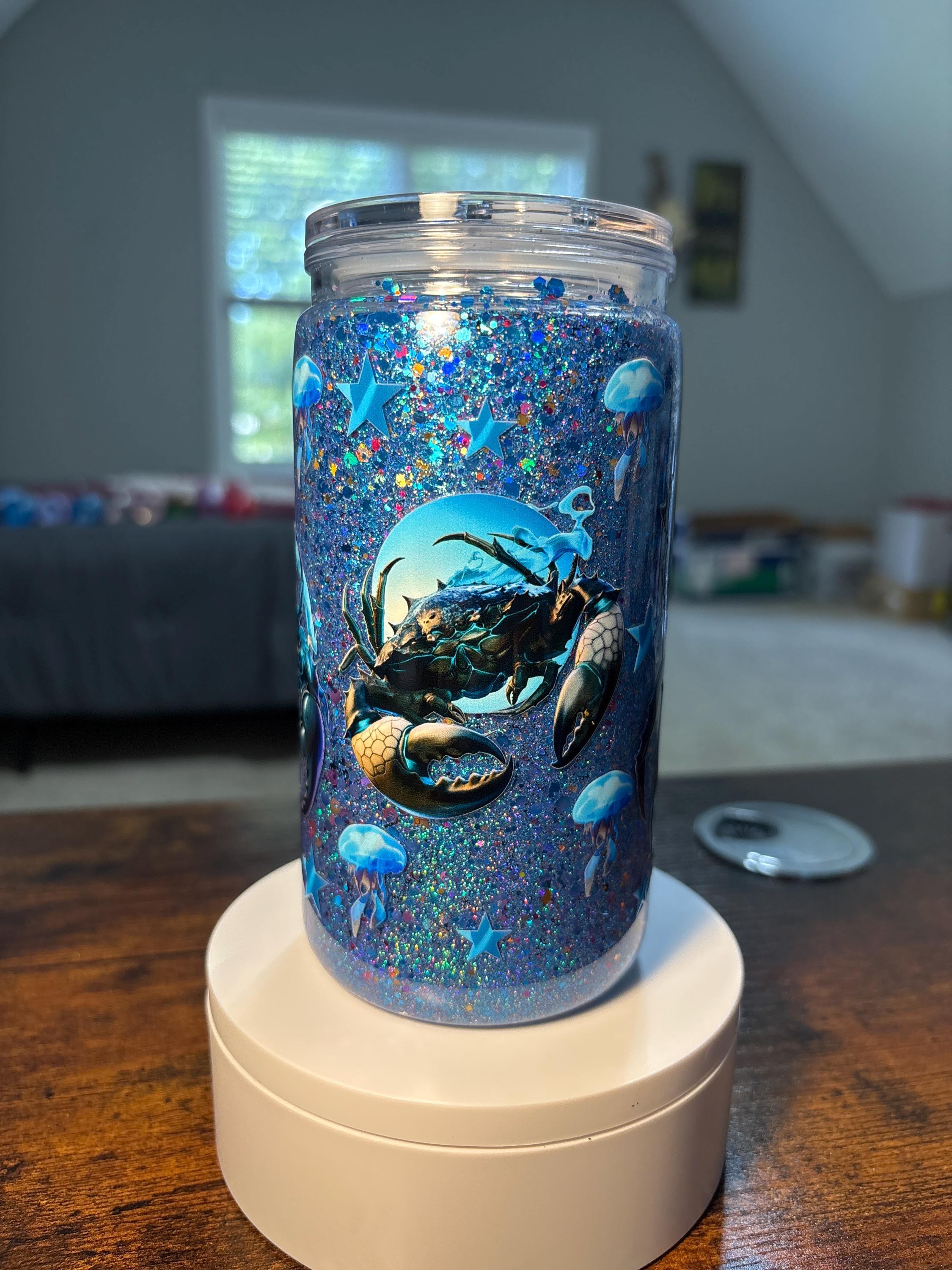Crab Snow Globe Tumbler | Handmade 16oz Acrylic Coastal Beach Cup | Summer Gift