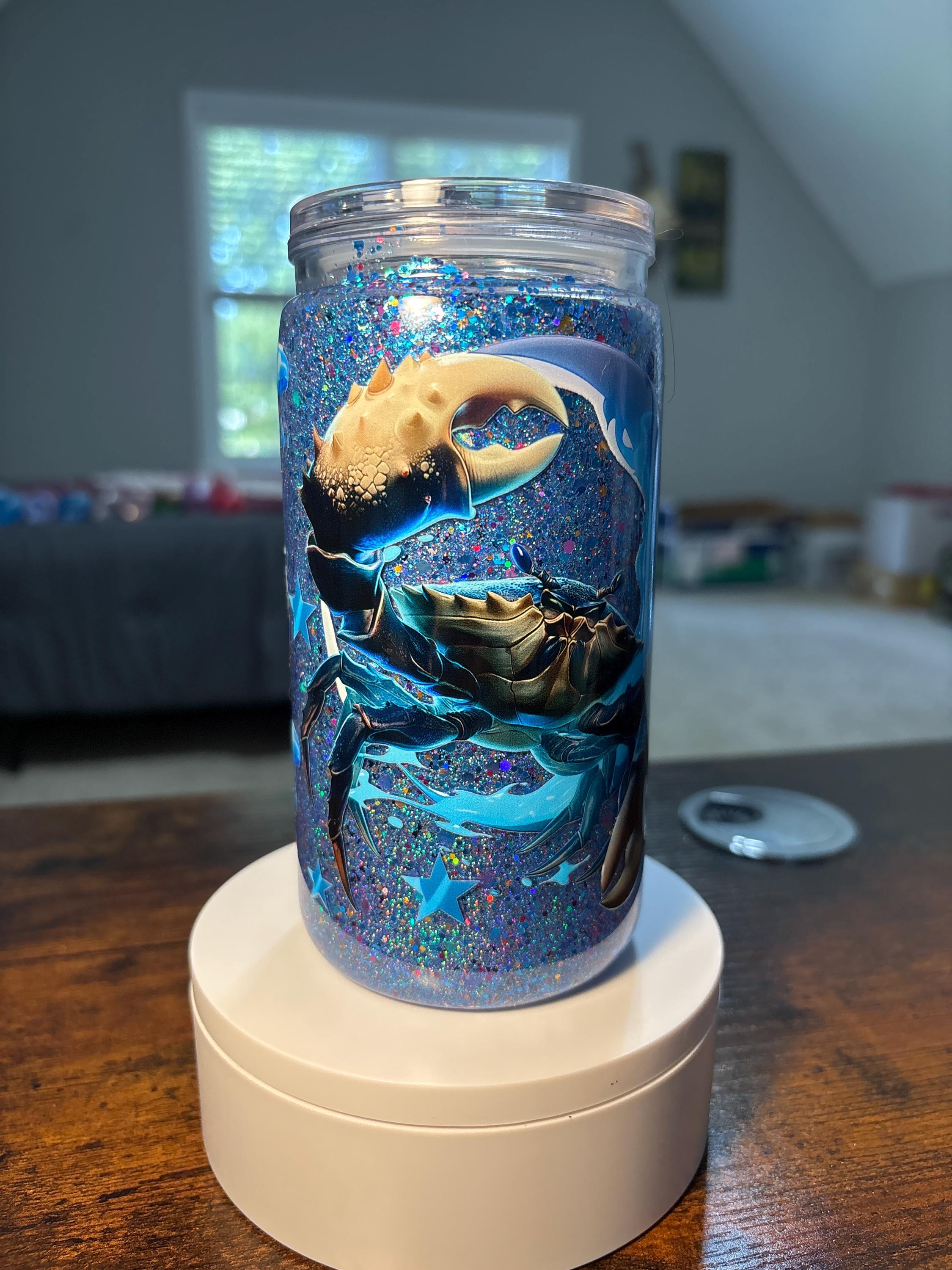 Crab Snow Globe Tumbler | Handmade 16oz Acrylic Coastal Beach Cup | Summer Gift